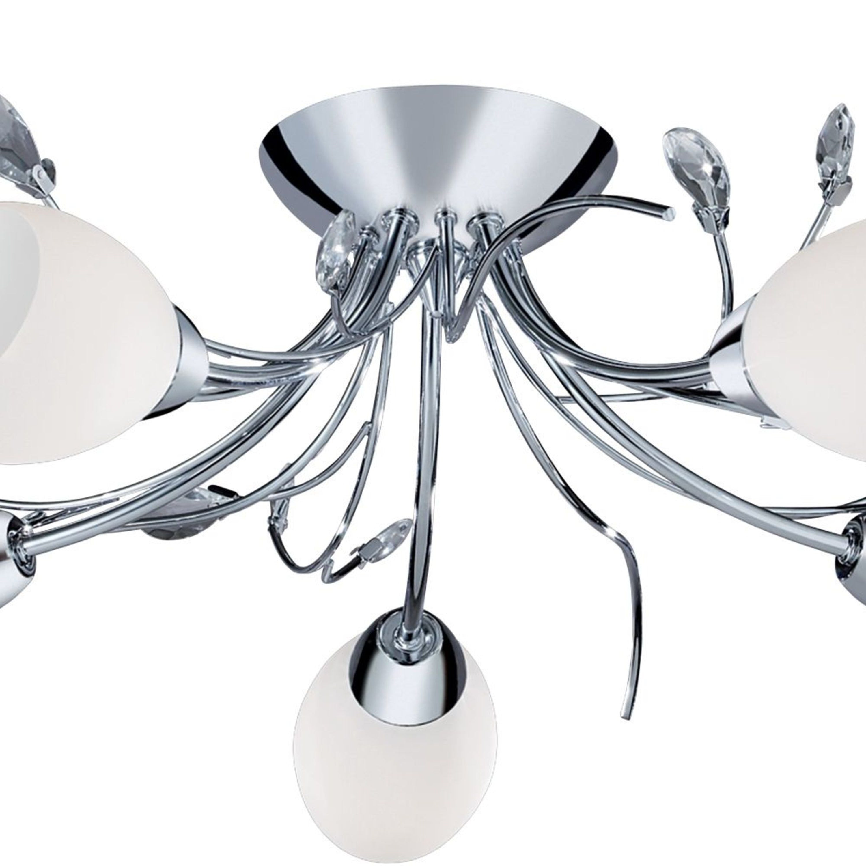 Searchlight Galton Chrome 5 Light Semi-Flush Fitting With Crystal Detail & Opal Glass Shades