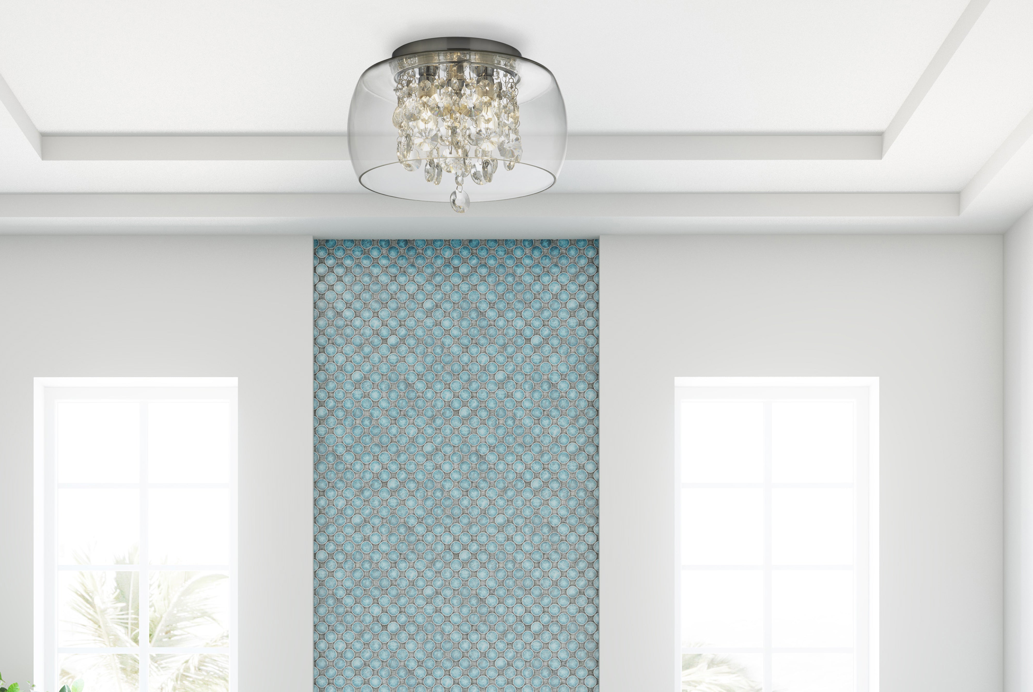 Searchlight Barmouth Bathroom Clear Glass Shade 3 Light Flush Fitting, Crystal Drops IP44