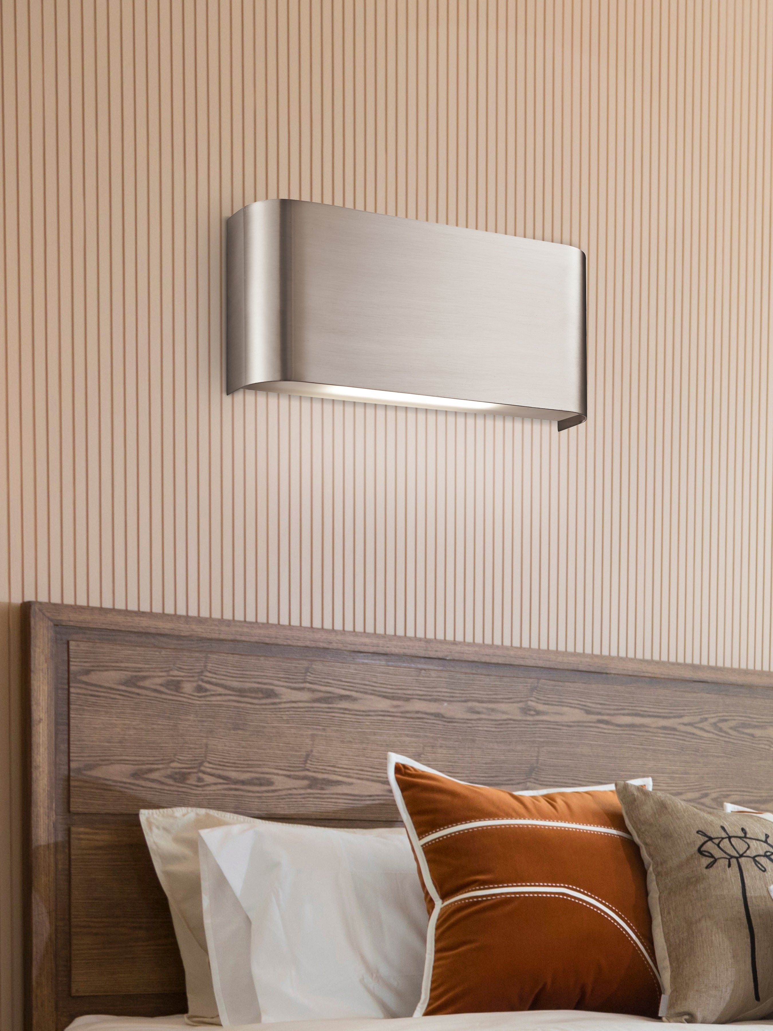 Searchlight Satin Silver Oblong Curved Wall Light With Up & Down 2 Light LED