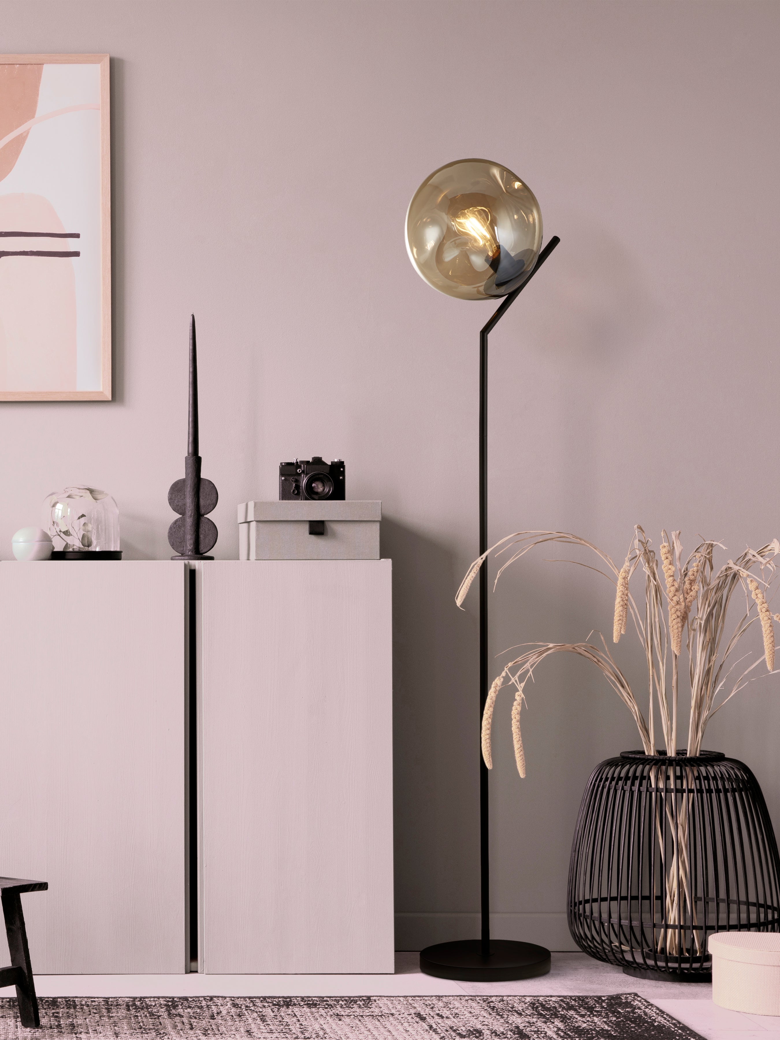 Searchlight Phoebe Floor Lamp - Black Metal & Champagne Phoebeed Glass