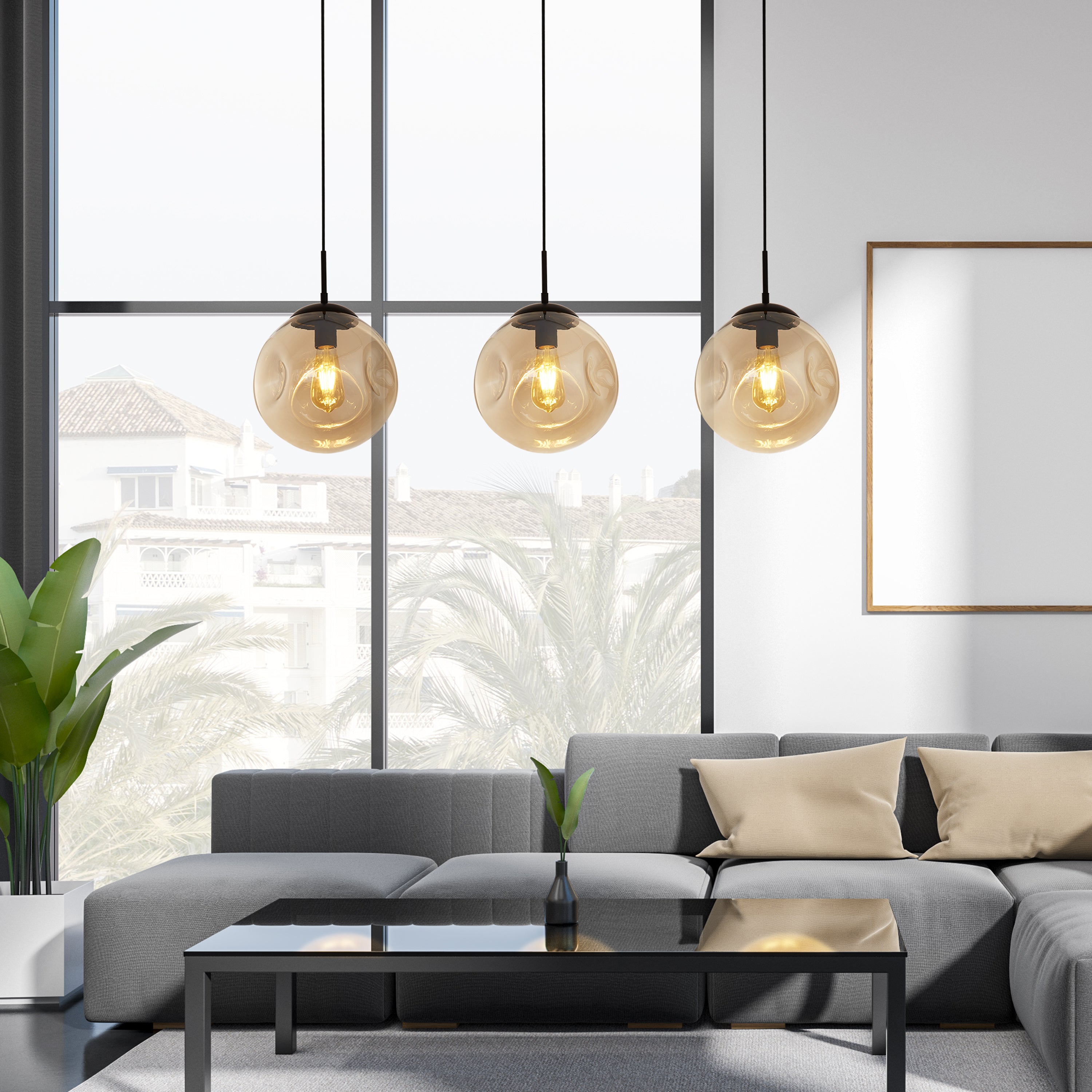 Searchlight Phoebe 3 Light Bar Pendant - Black Metal & Champagne Phoebeed Glass