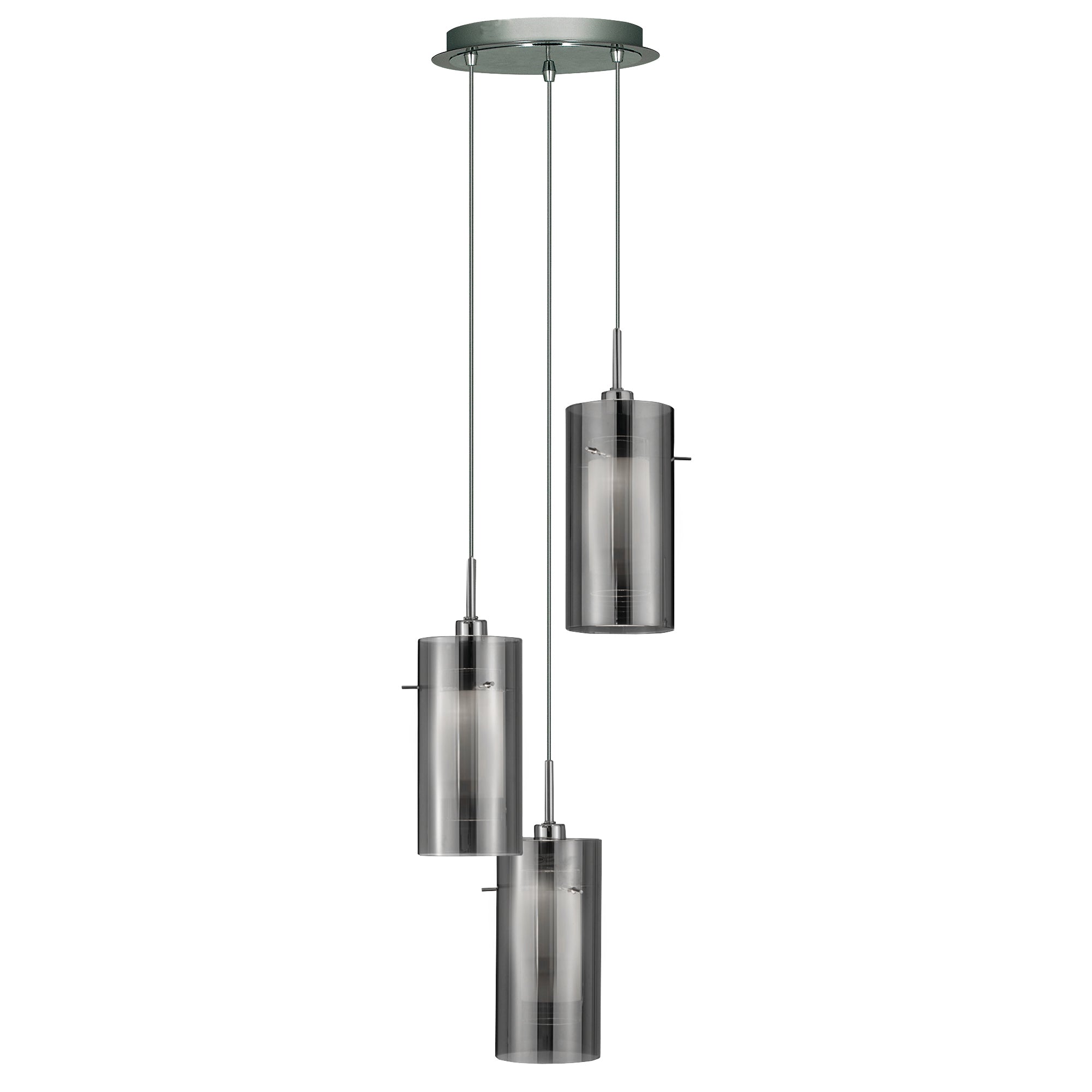Searchlight Dawson 2 Chrome 3 Light Multi - Drop Pendant With Smoked Glass Cylinder Shades