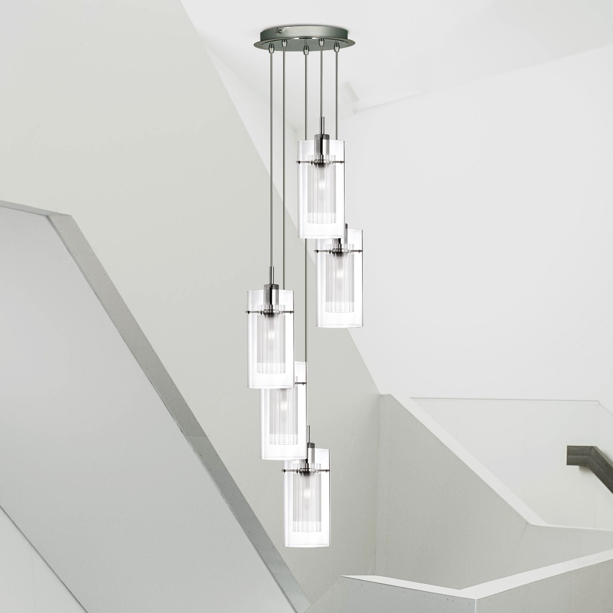 Searchlight Dawson I 5 Light Multi-Drop Pendant - Satin Silver & Glass