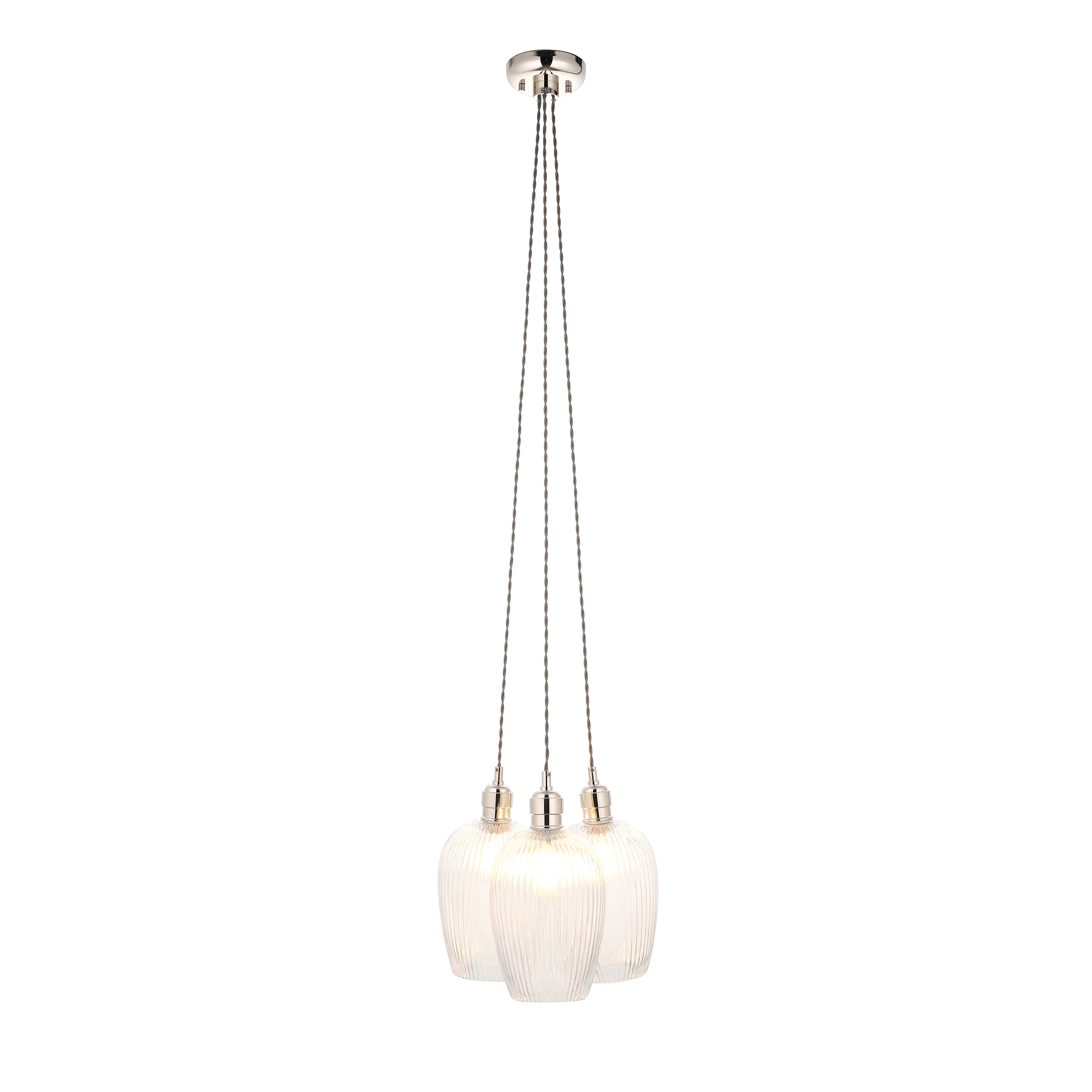 Utopia Finesse 3 Light Cluster Ceiling Pendant - Bright Nickel & Clear Ribbed Glass