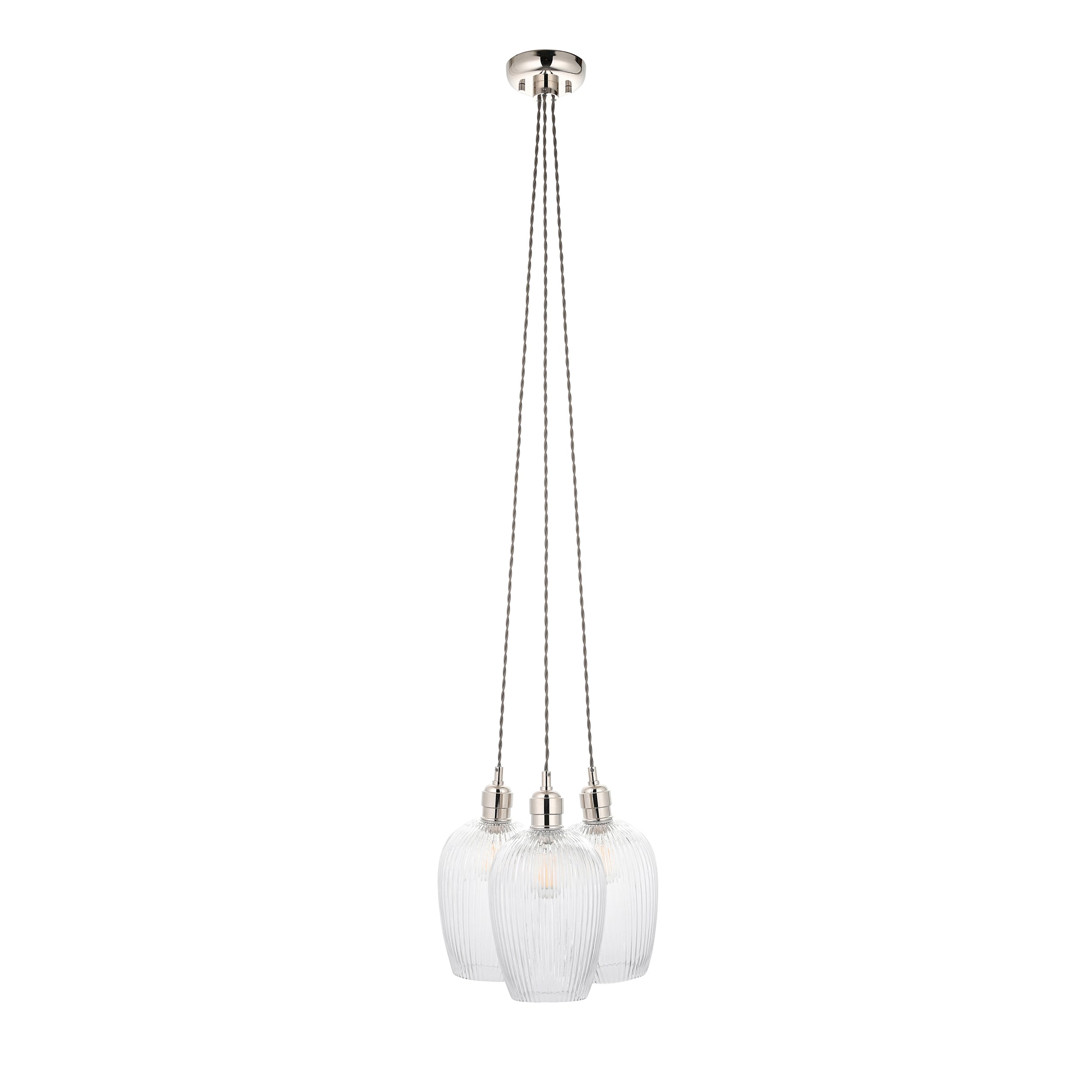 Utopia Finesse 3 Light Cluster Ceiling Pendant - Bright Nickel & Clear Ribbed Glass