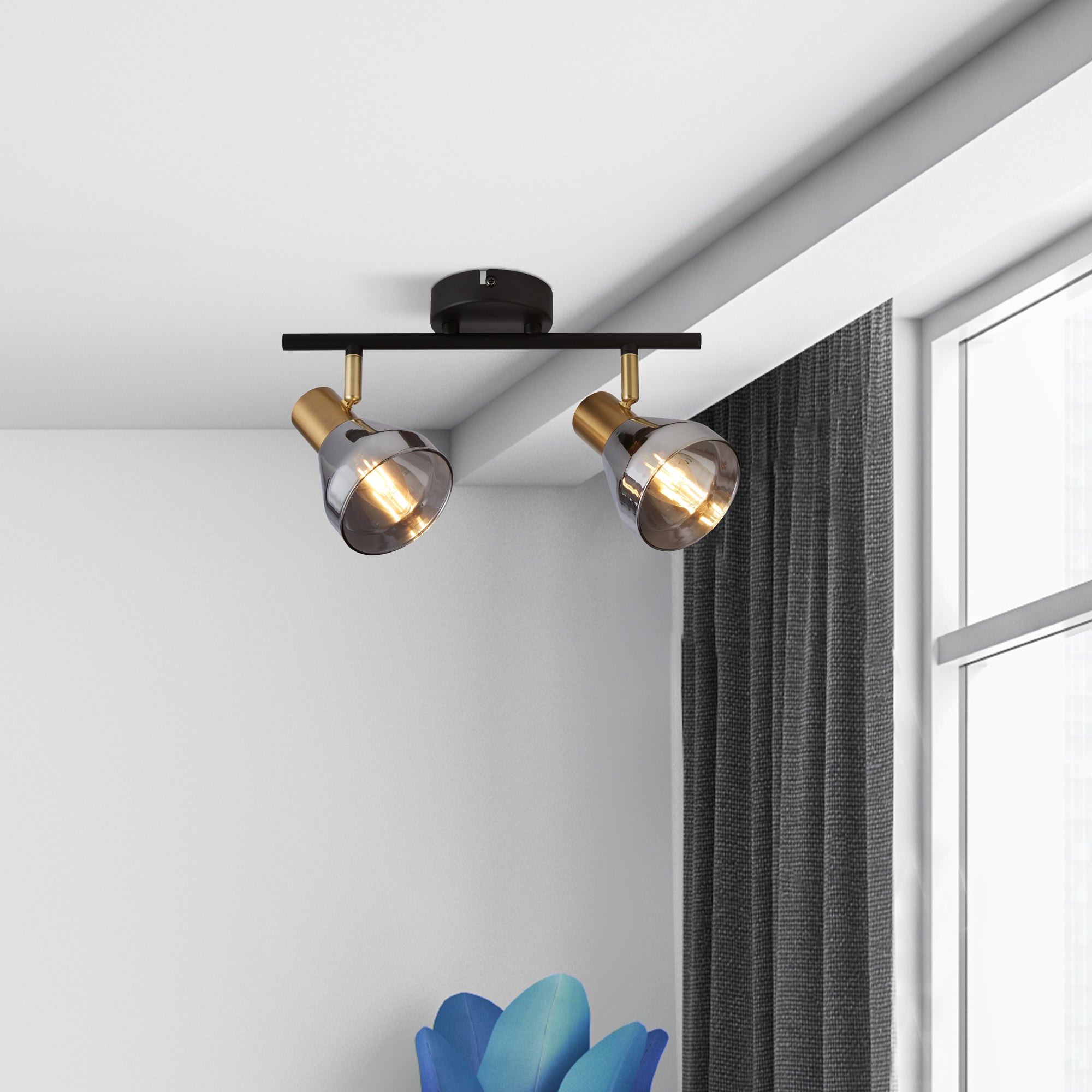 Searchlight Westfield 2 Light Spotlight - Black, Satin Brass & Smoked Glass