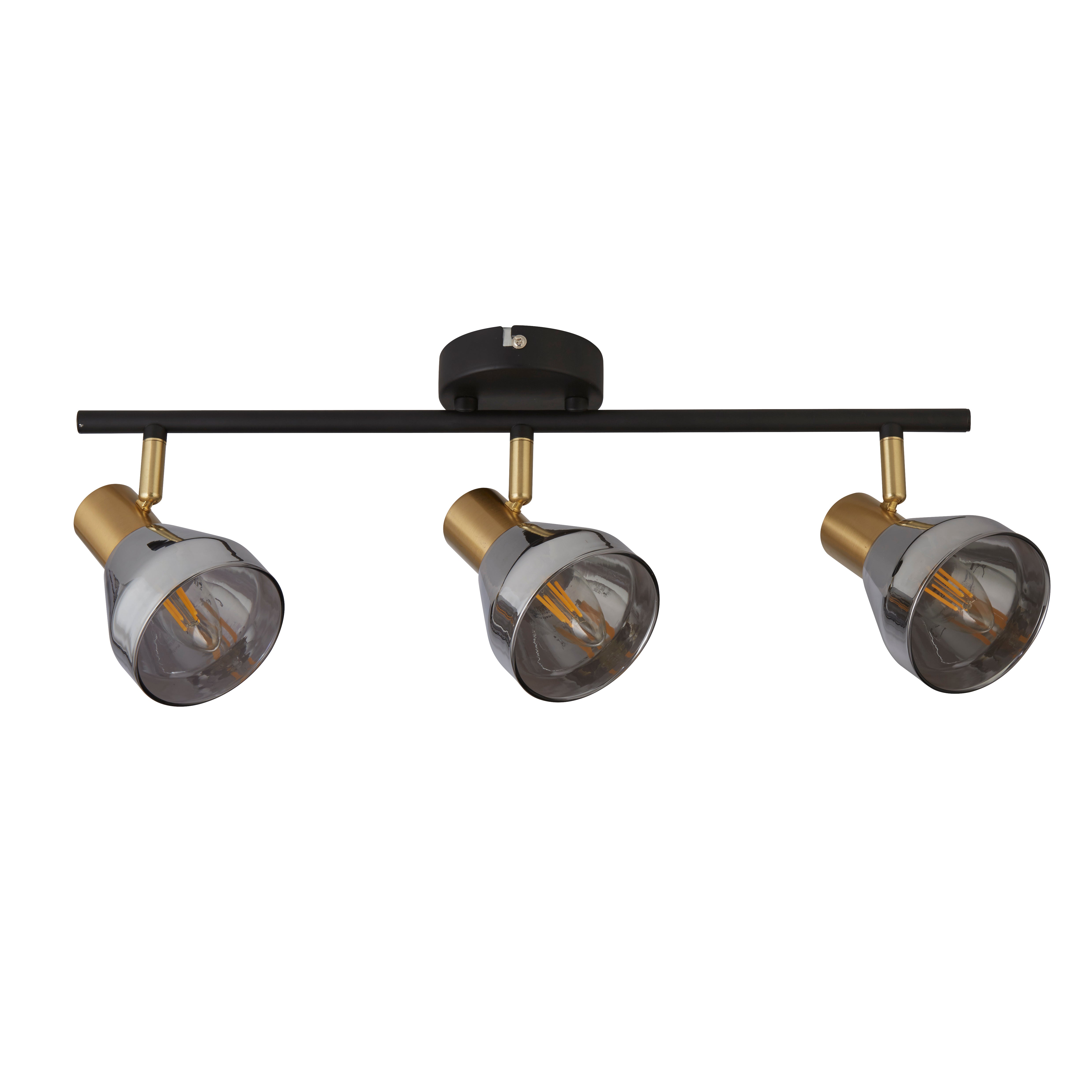Searchlight Westfield 3 Light Spotlight- Black, Satin Brass & Smoked Glass