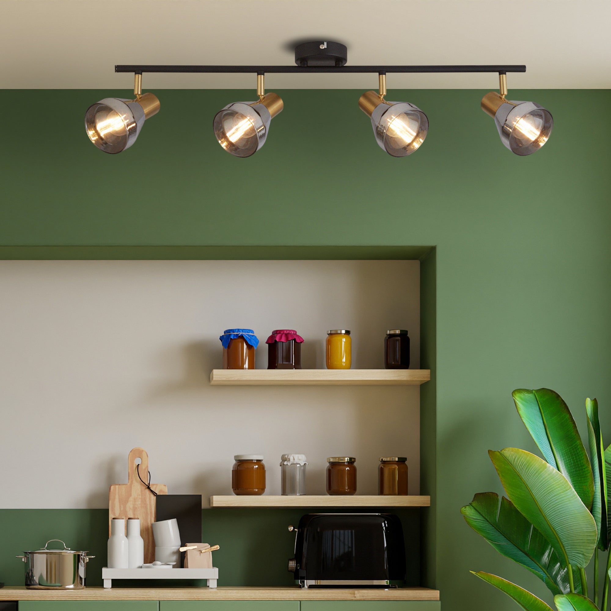 Searchlight Westfield 4 Light Spotlight- Black, Satin Brass & Smoked Glass