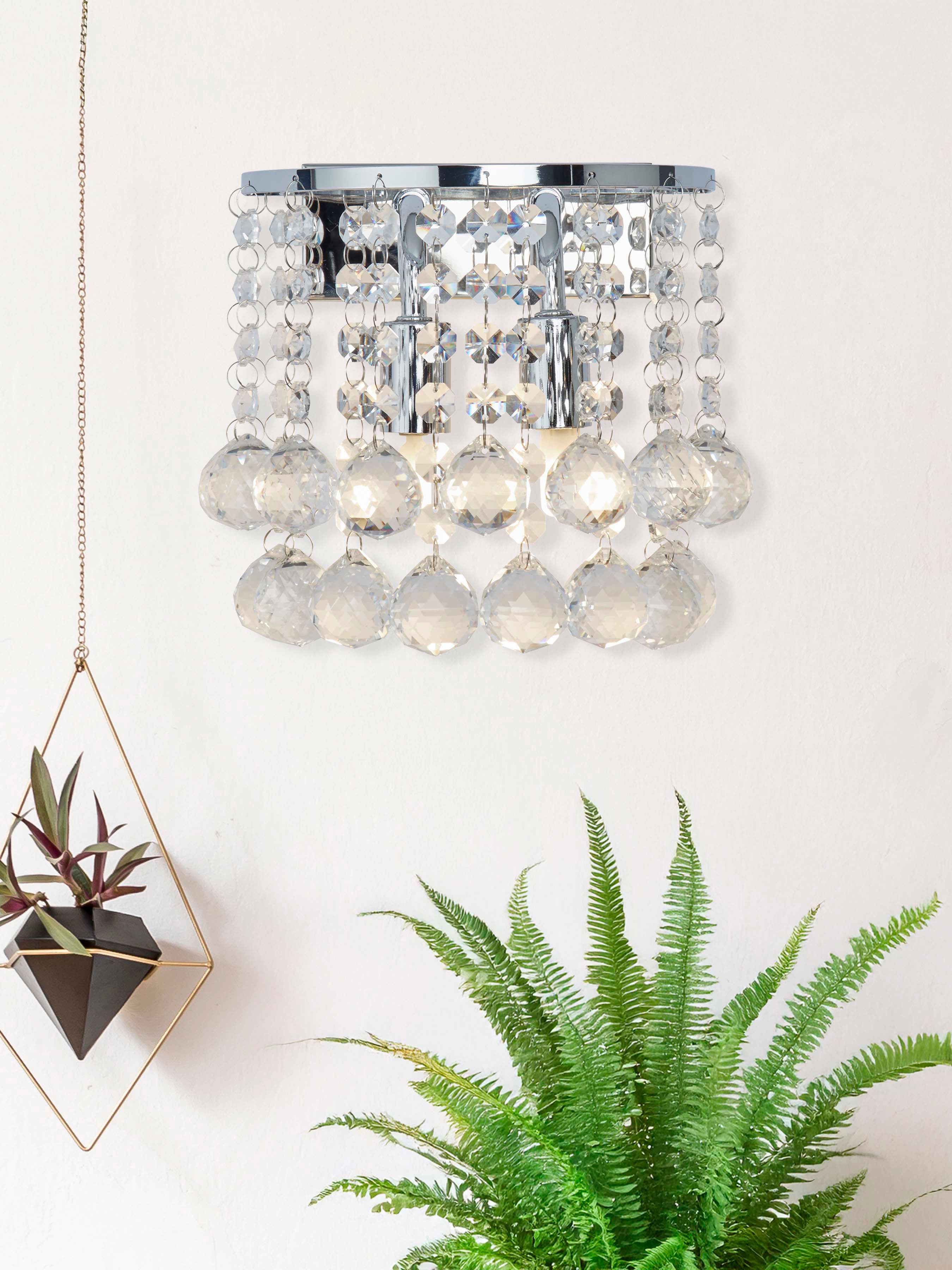 Searchlight Hampstead Chrome 2 Light Round Wall Bracket With Clear Crystal Balls