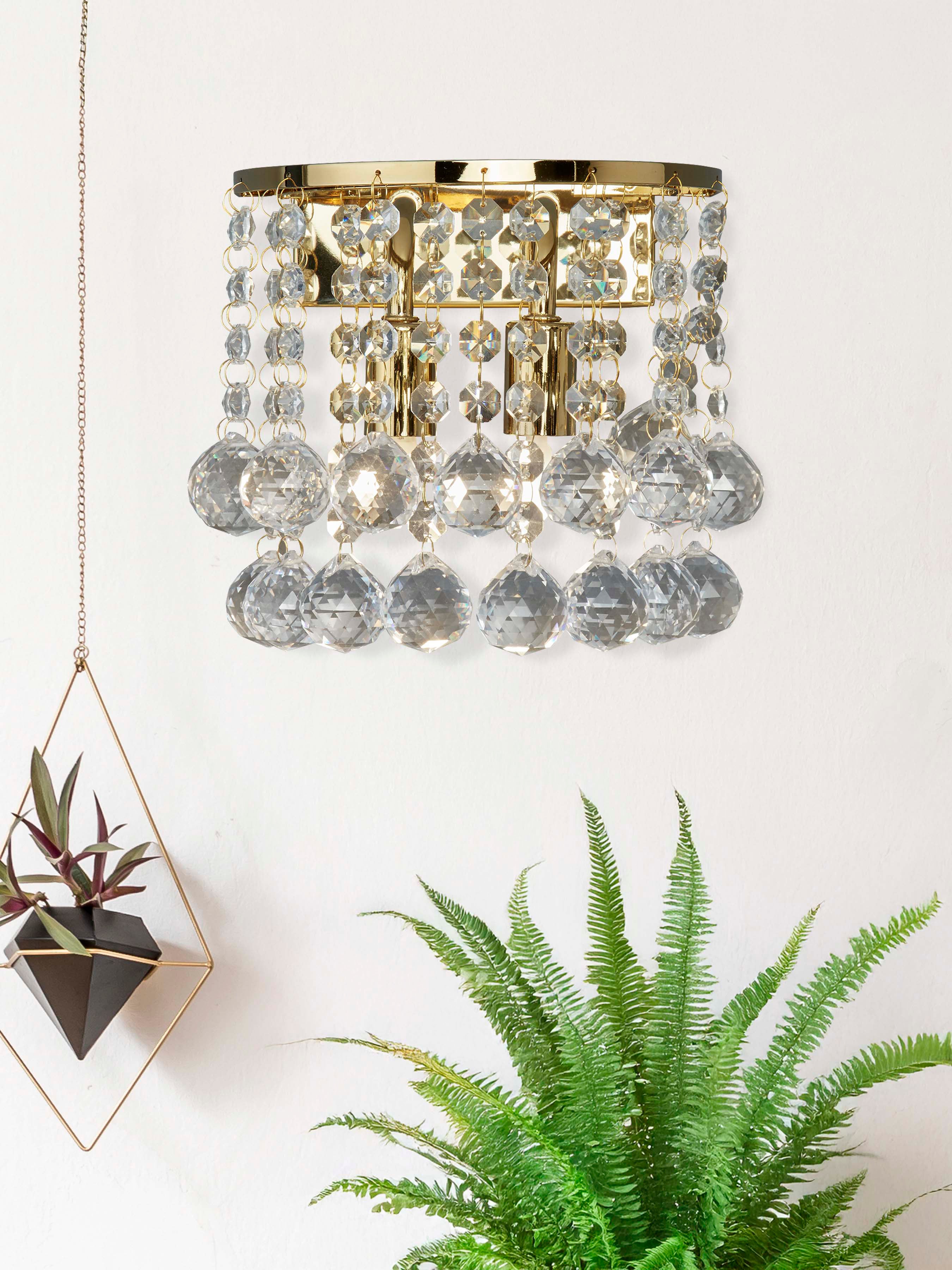 Searchlight Hampstead Gold 2 Light Round Wall Light - Clear Crystal Ball