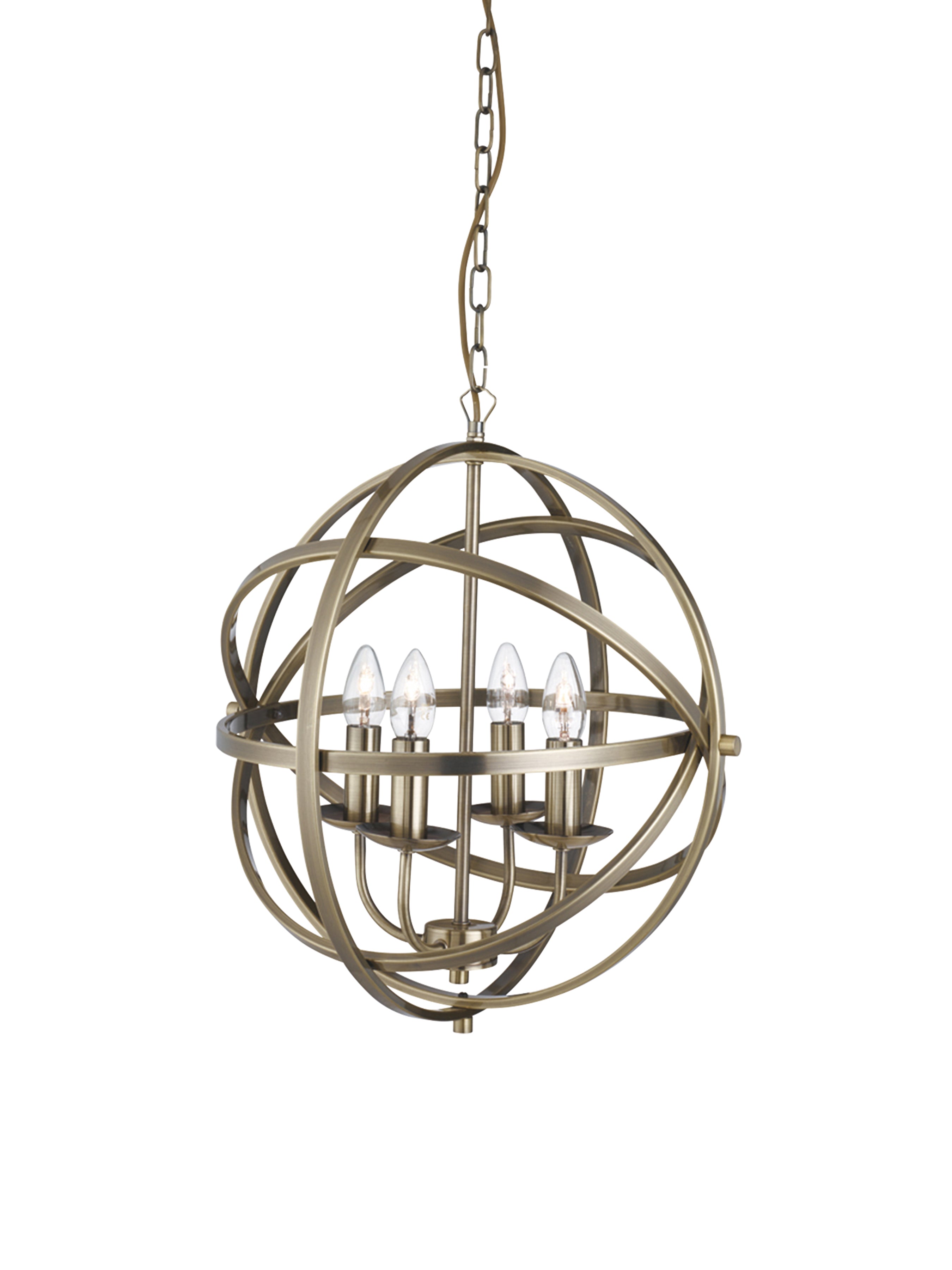 Searchlight Oliver 4 Light Cage Frame Orb Pendant, Antique Brass