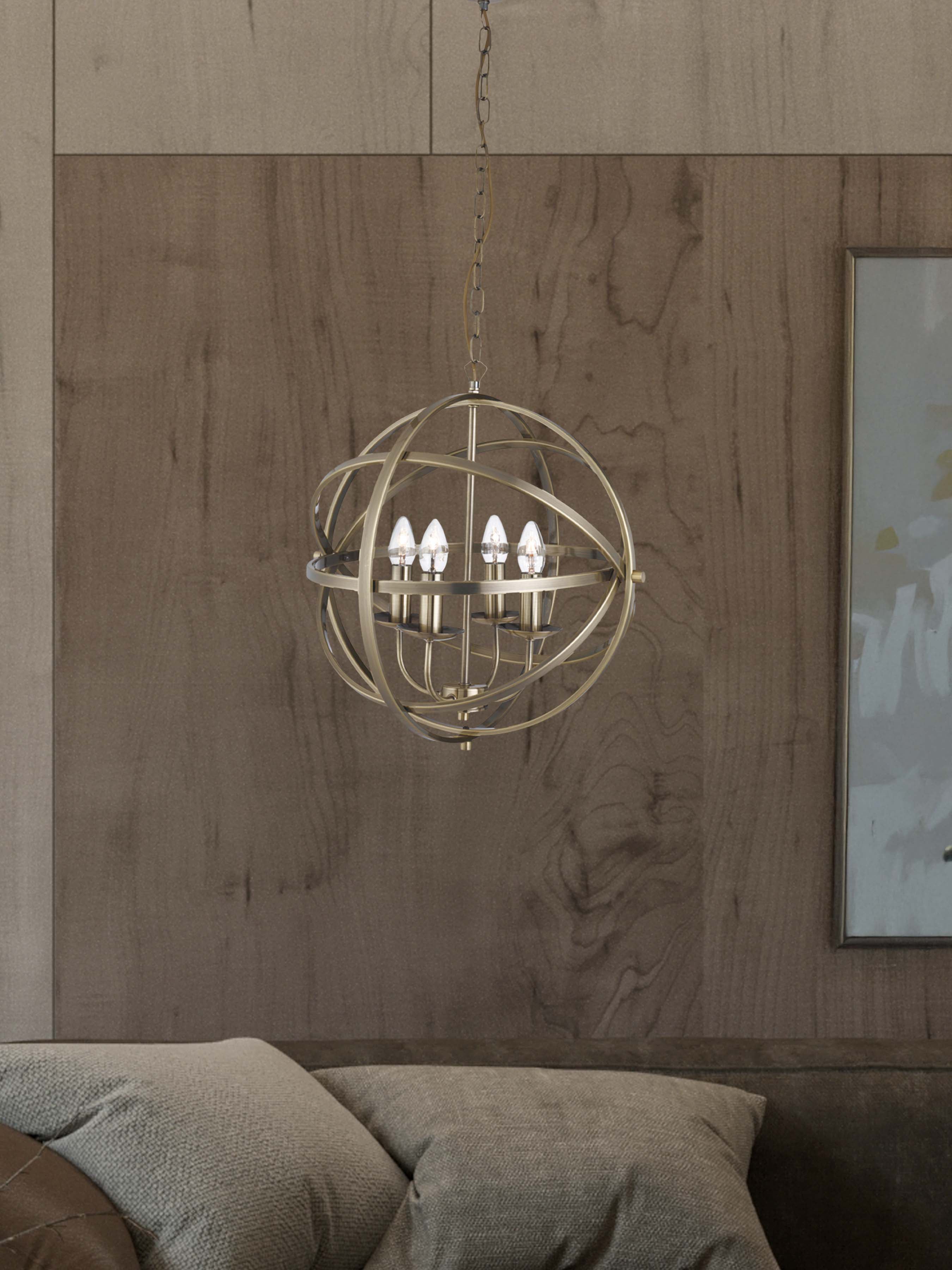 Searchlight Oliver 4 Light Cage Frame Orb Pendant, Antique Brass