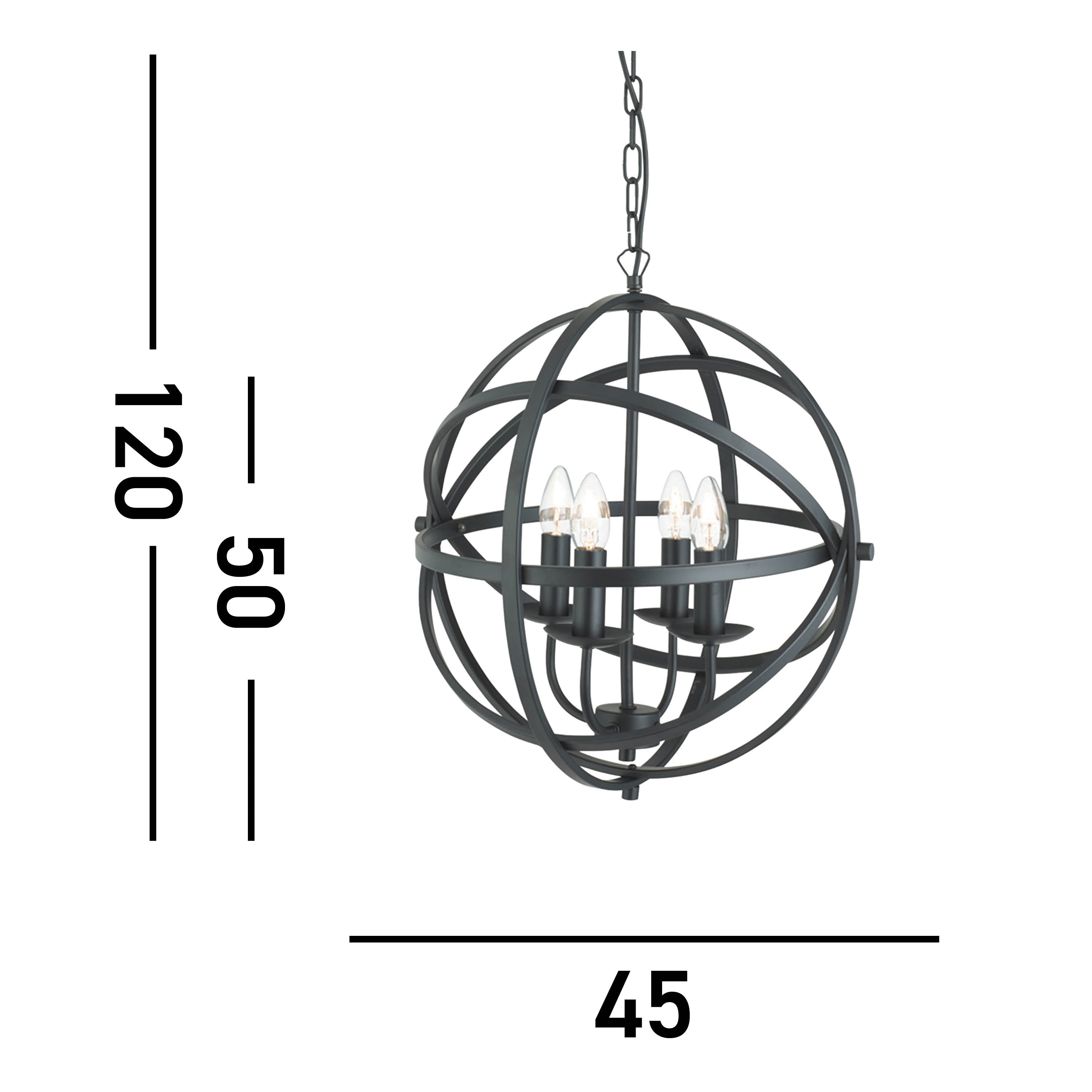 Searchlight Oliver 4 Light Cage Frame Orb Pendant, Matt Black