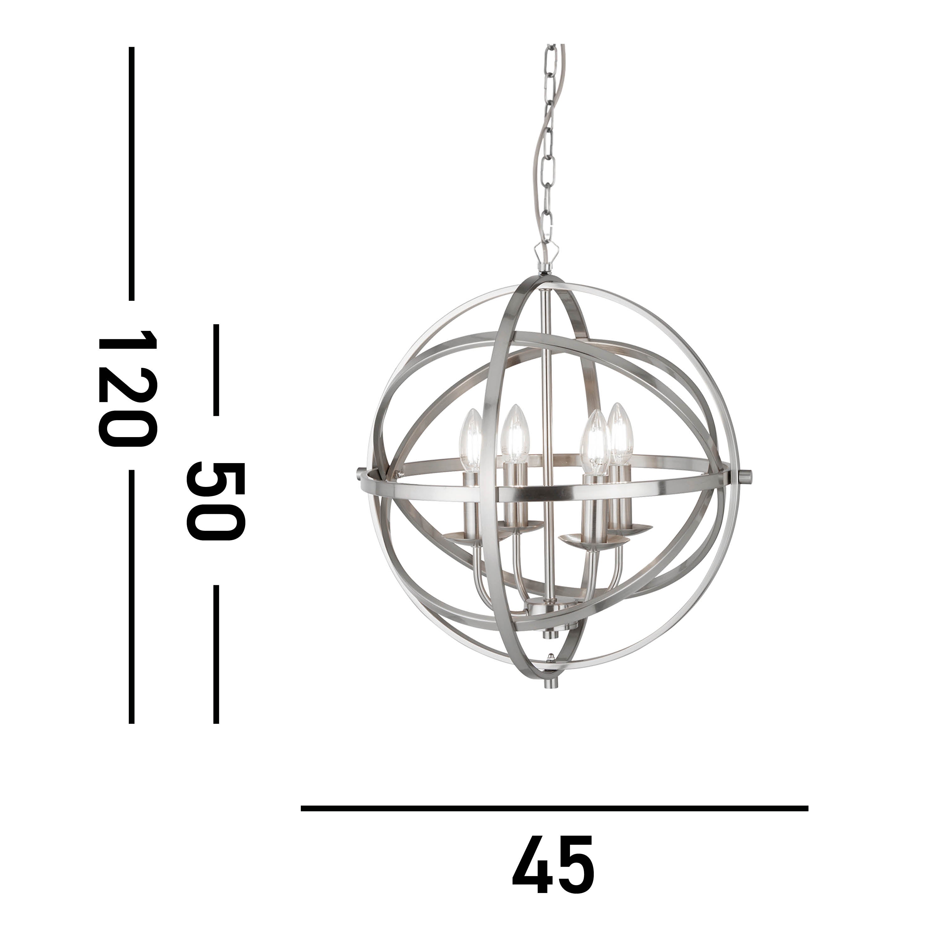 Searchlight Oliver 4 Light Cage Frame Orb Pendant, Satin Silver
