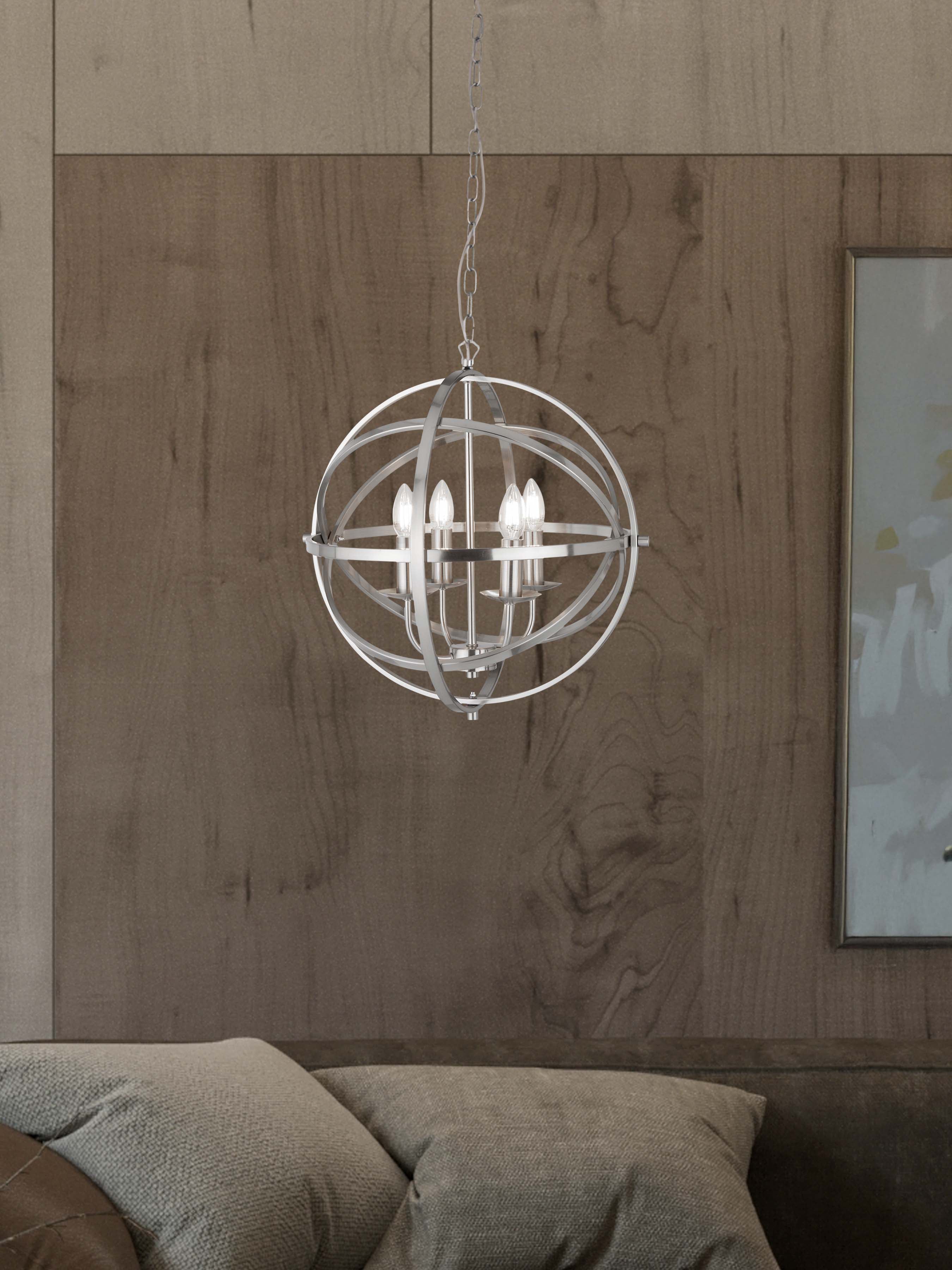 Searchlight Oliver 4 Light Cage Frame Orb Pendant, Satin Silver