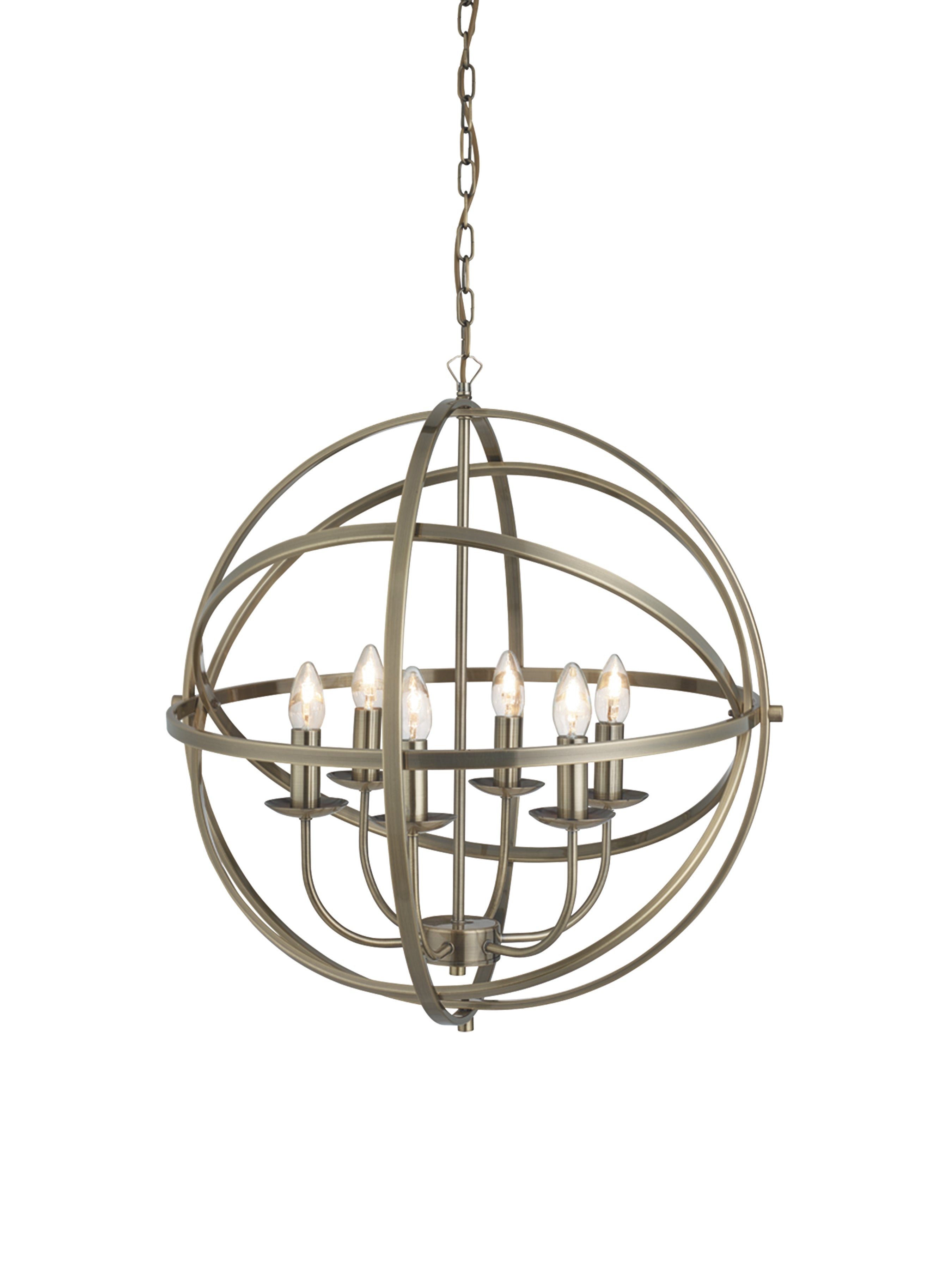 Searchlight Oliver 6 Light Cage Frame Orb Pendant, Antique Brass
