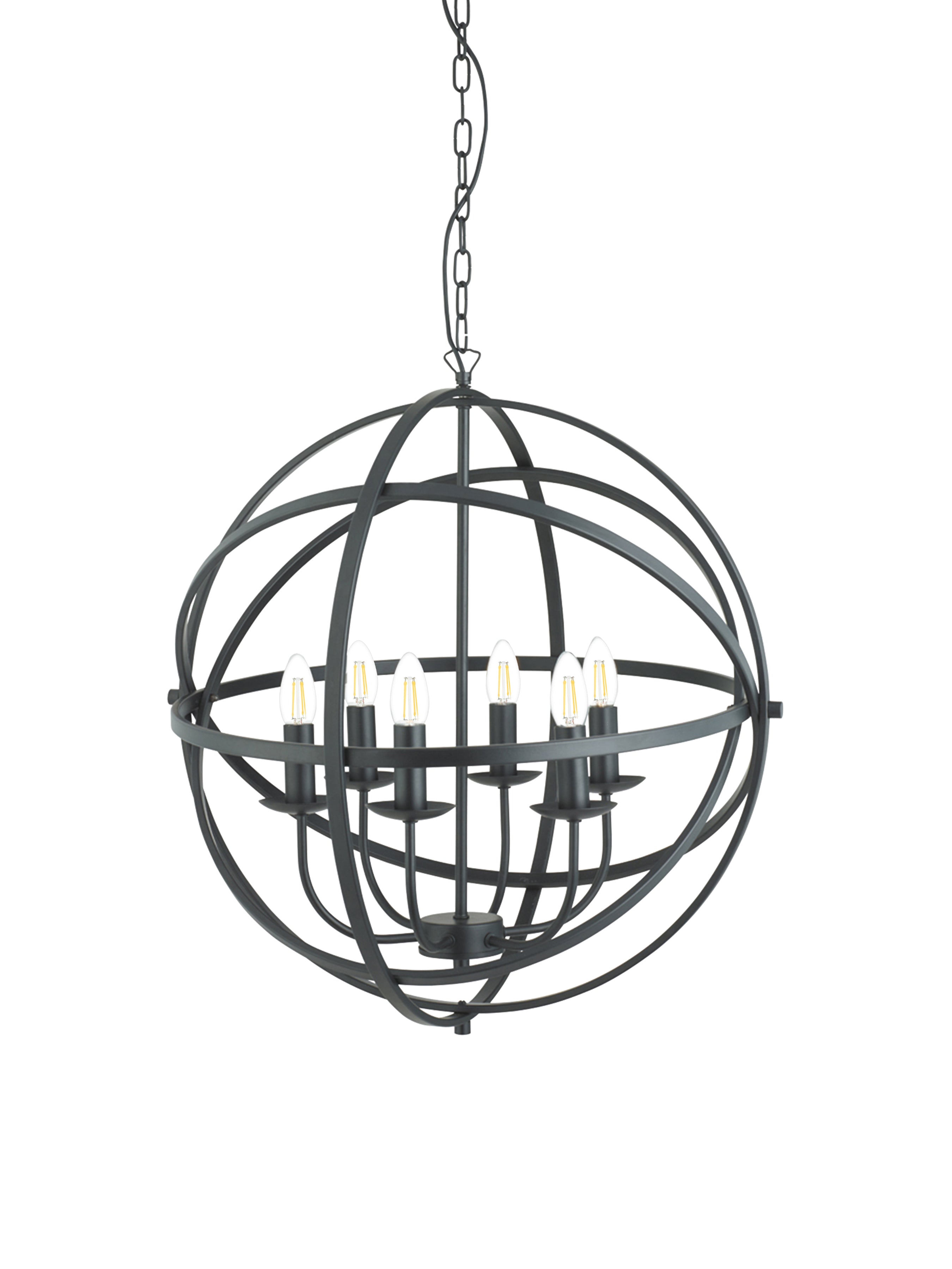 Searchlight Oliver 6 Light Cage Frame Orb Pendant, Matt Black