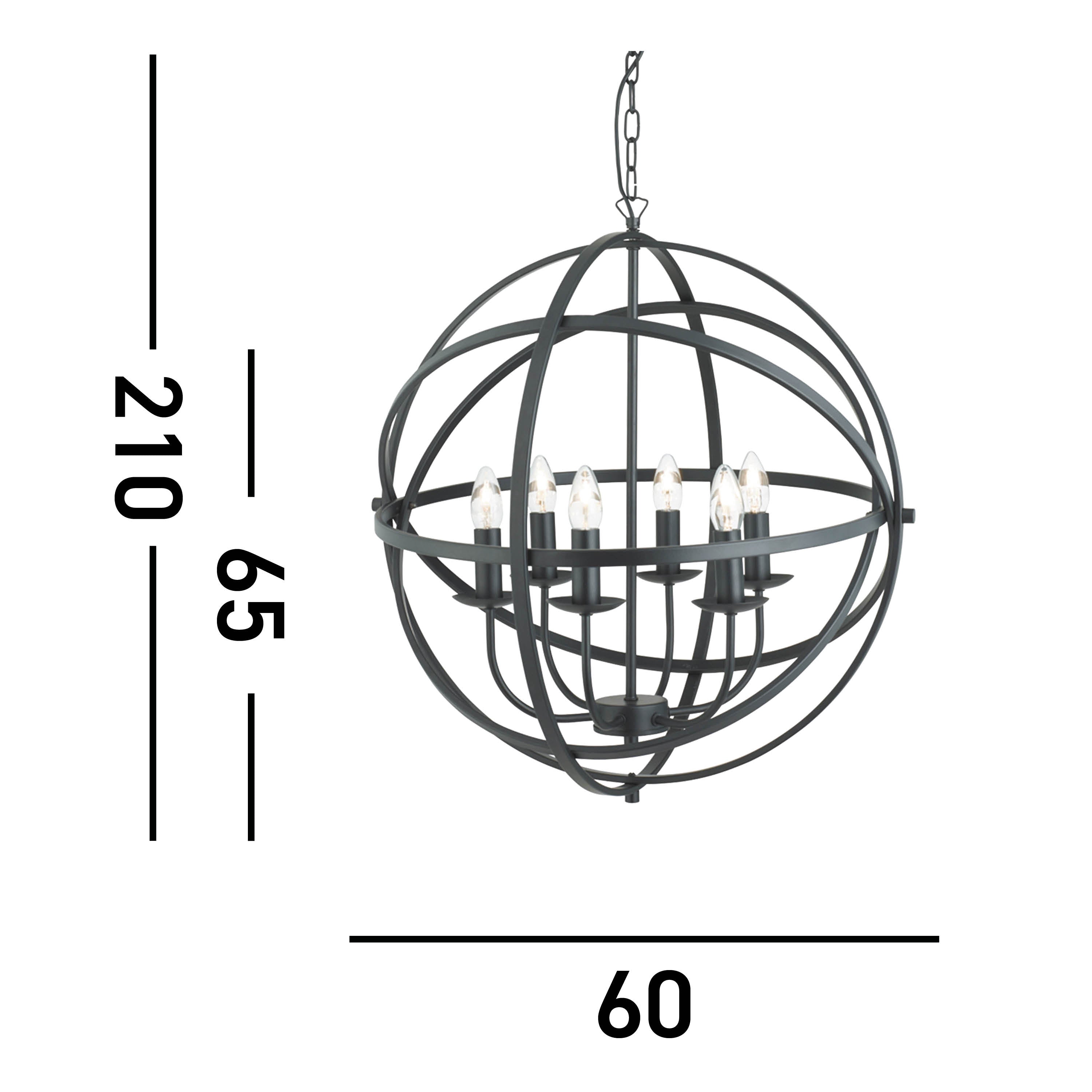 Searchlight Oliver 6 Light Cage Frame Orb Pendant, Matt Black