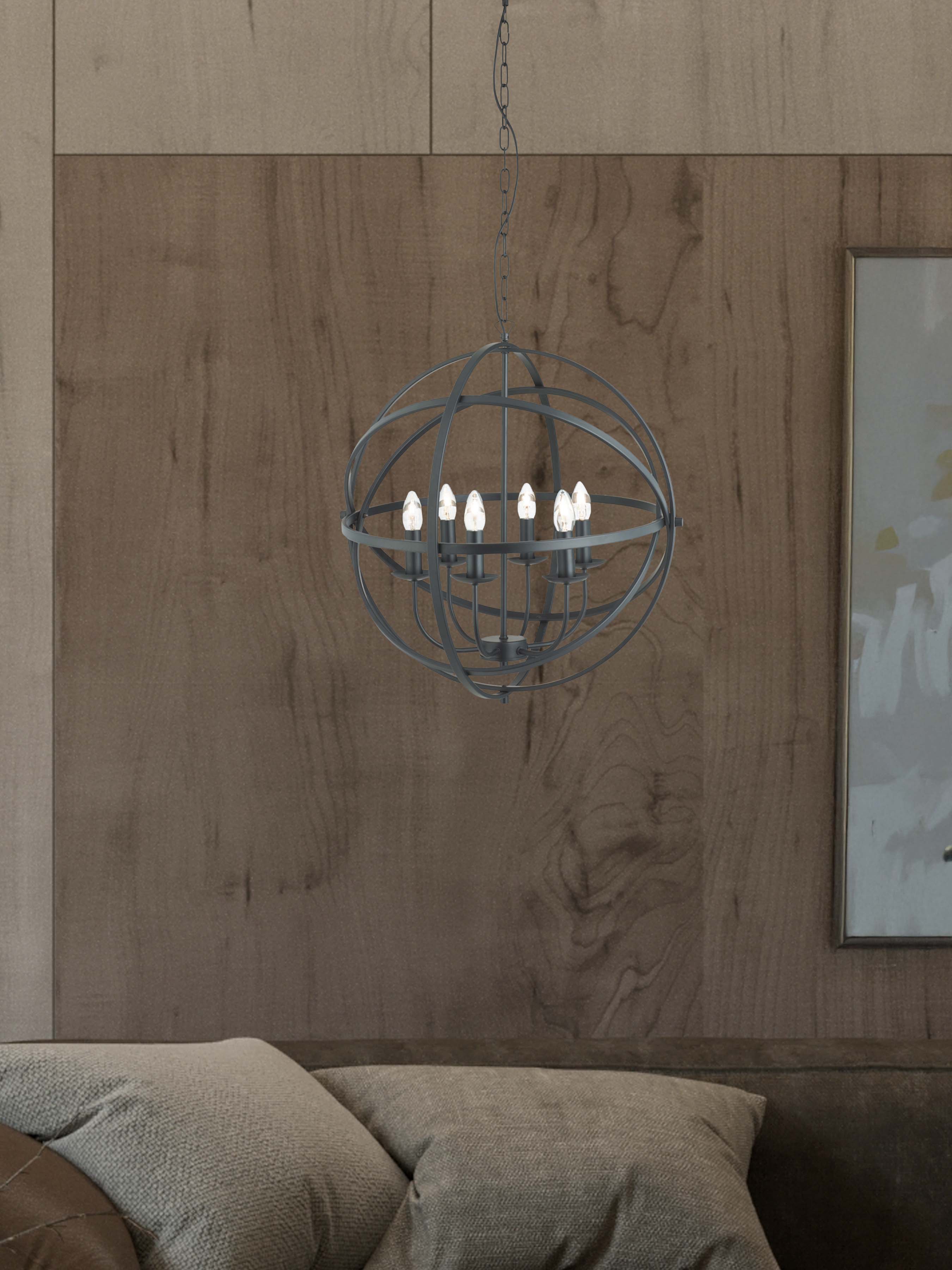 Searchlight Oliver 6 Light Cage Frame Orb Pendant, Matt Black