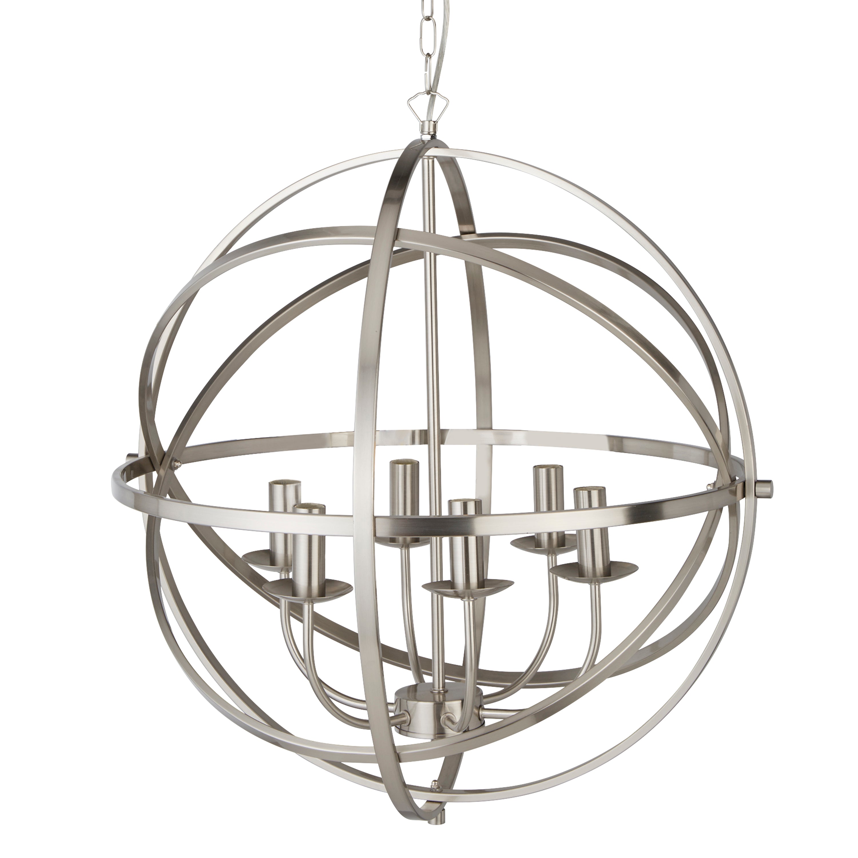Searchlight Oliver 6 Light Cage Frame Orb Pendant, Satin Silver