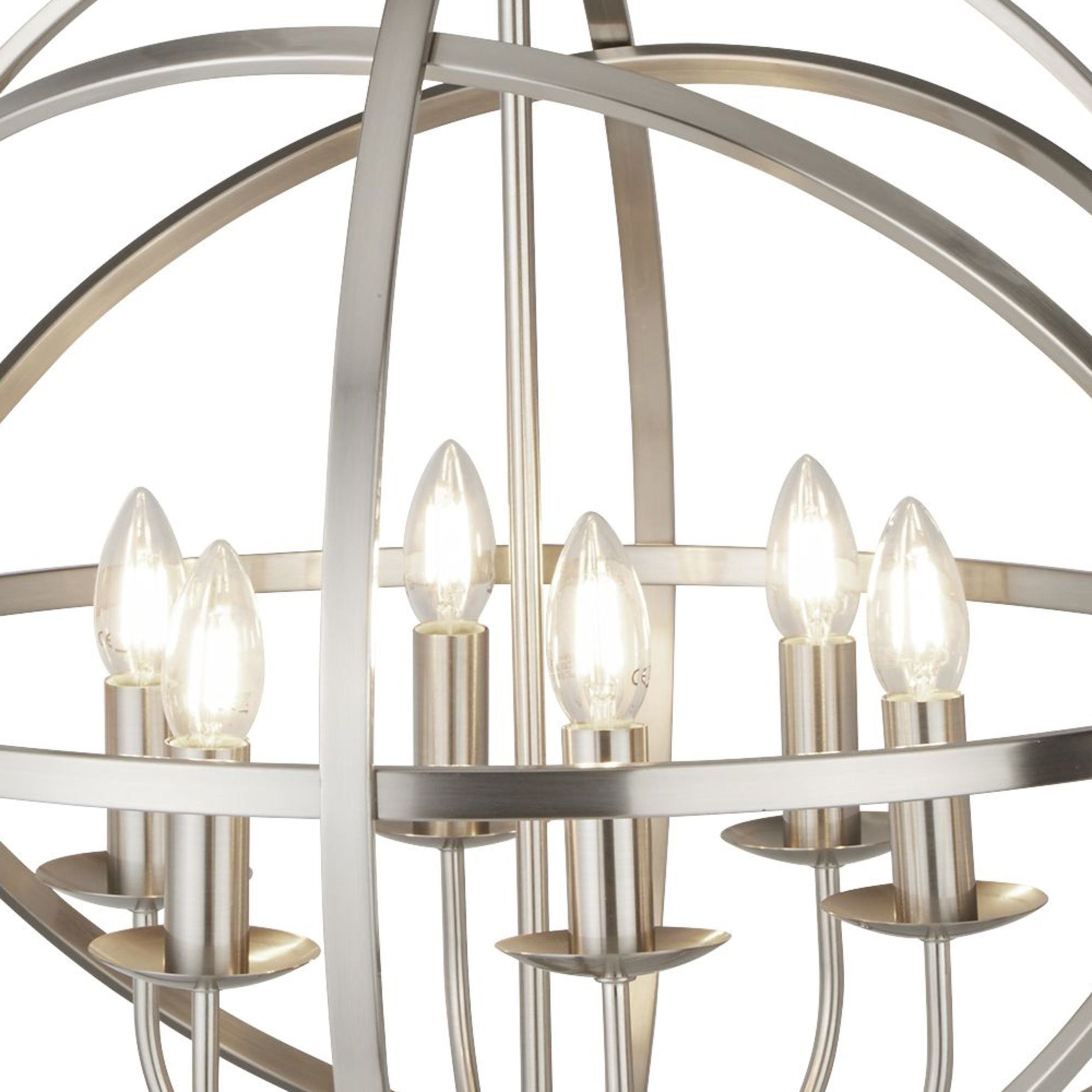 Searchlight Oliver 6 Light Cage Frame Orb Pendant, Satin Silver