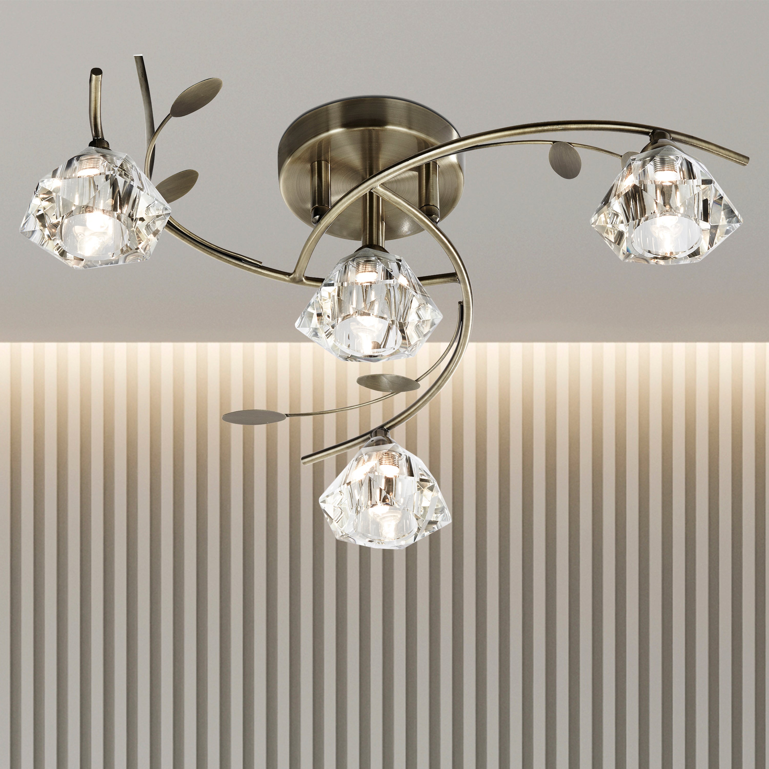 Searchlight Shotwick - 4 Light Semi-Flush Fitting, Antique Brass, Clear Glass