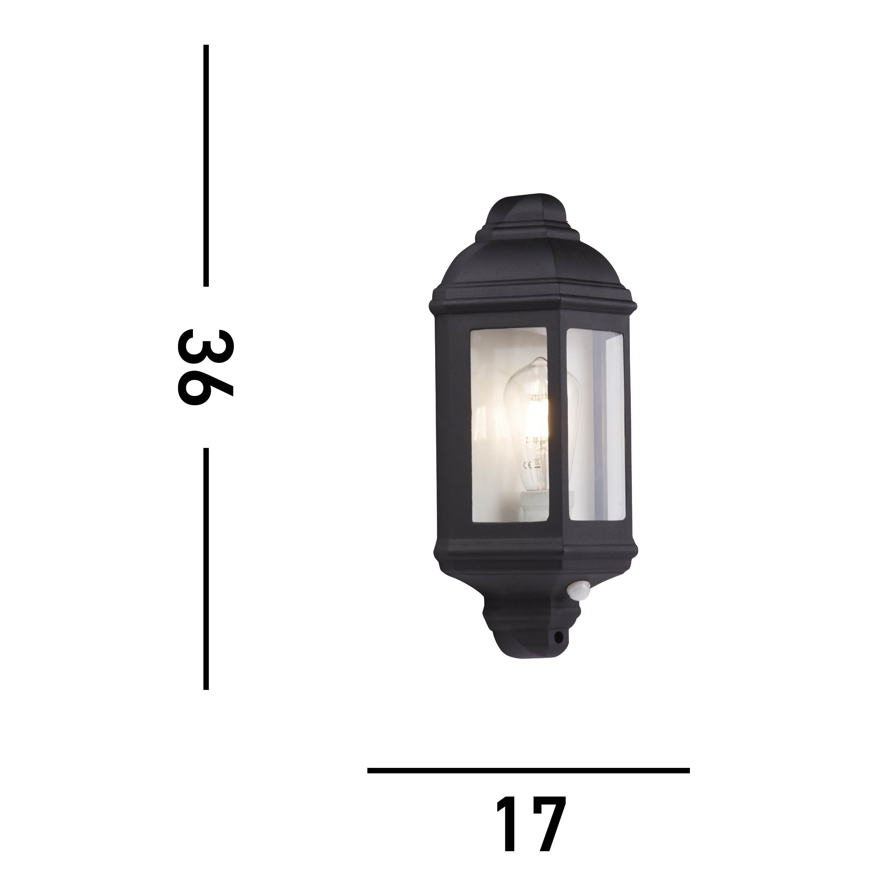 Searchlight Maddrel Outdoor Wall Light with PIR - Black & Glass - IP44