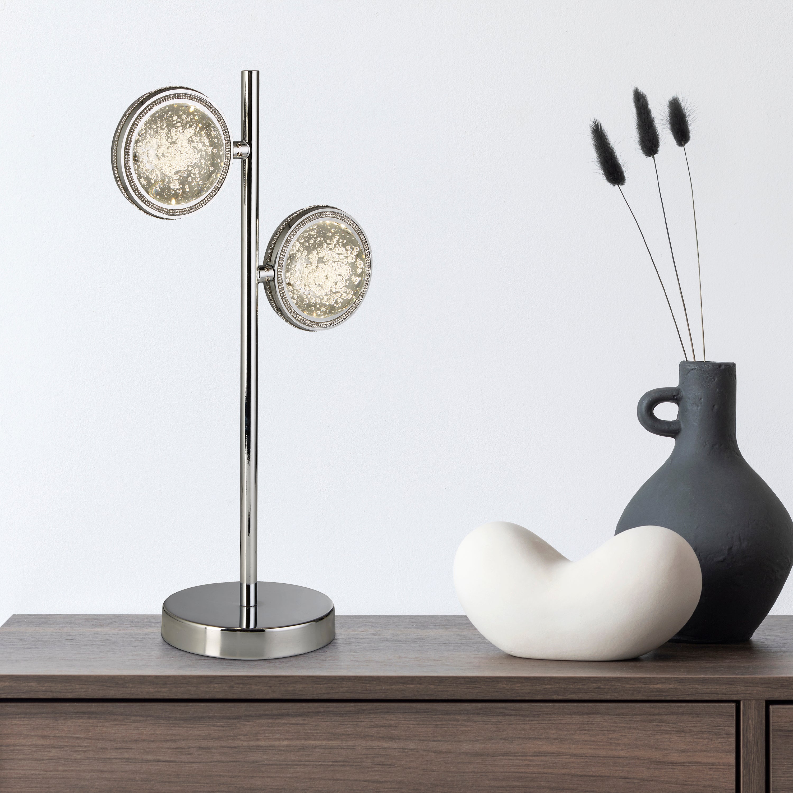 Searchlight Queensland 2 Light Table Lamp - Chrome & Bubble Glass