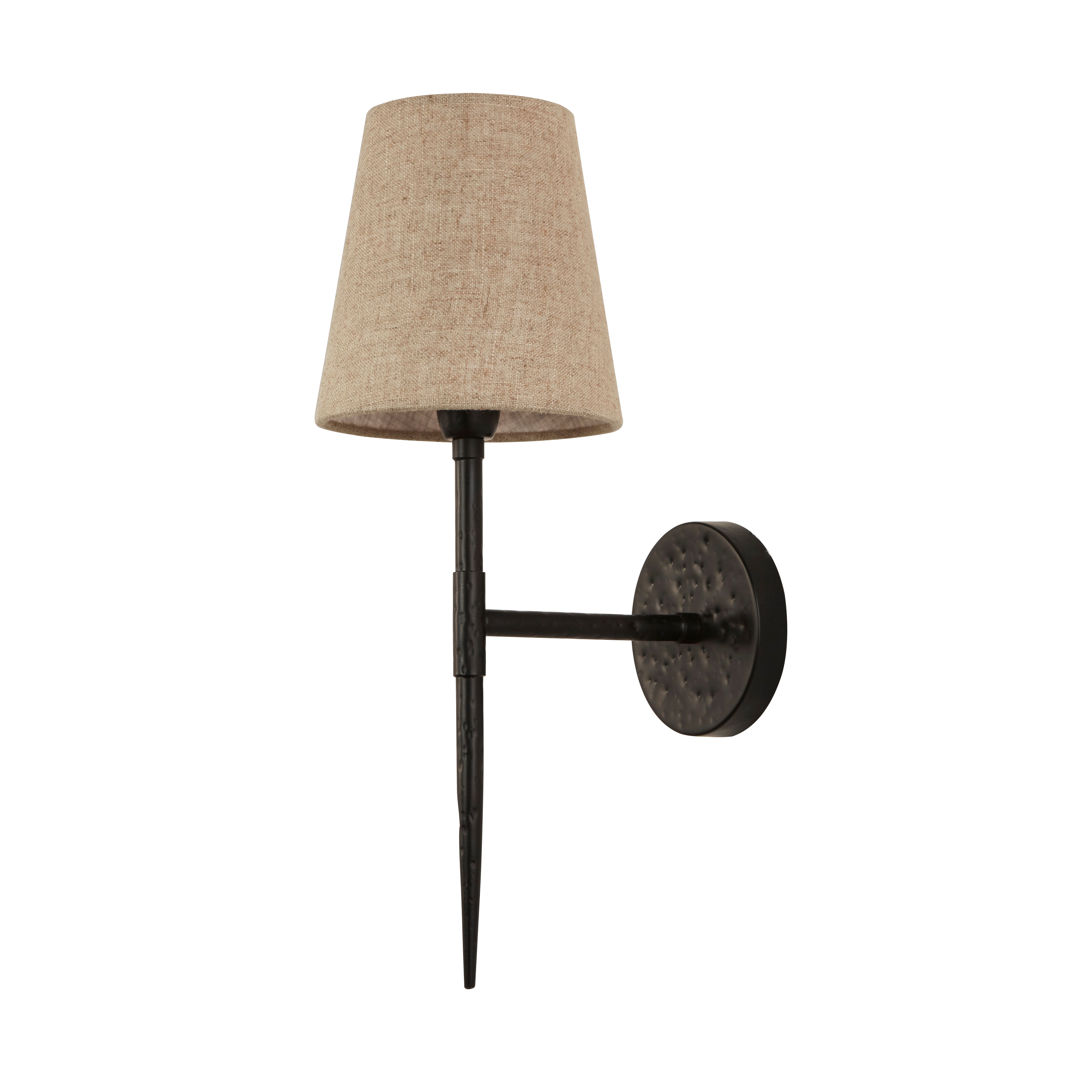 Searchlight Gibson Wall Light - Hammered Black Metal & Natural Linen