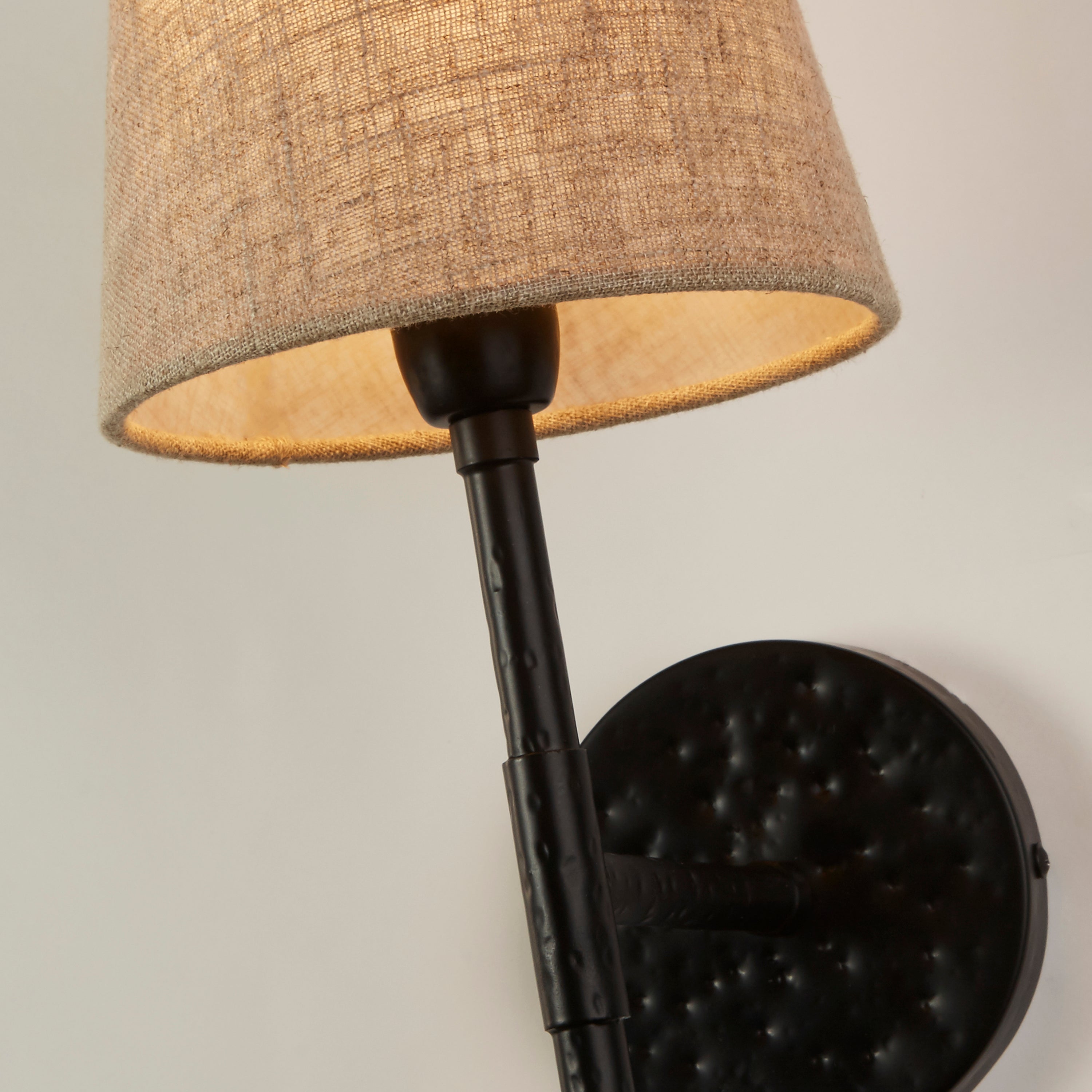 Searchlight Gibson Wall Light - Hammered Black Metal & Natural Linen