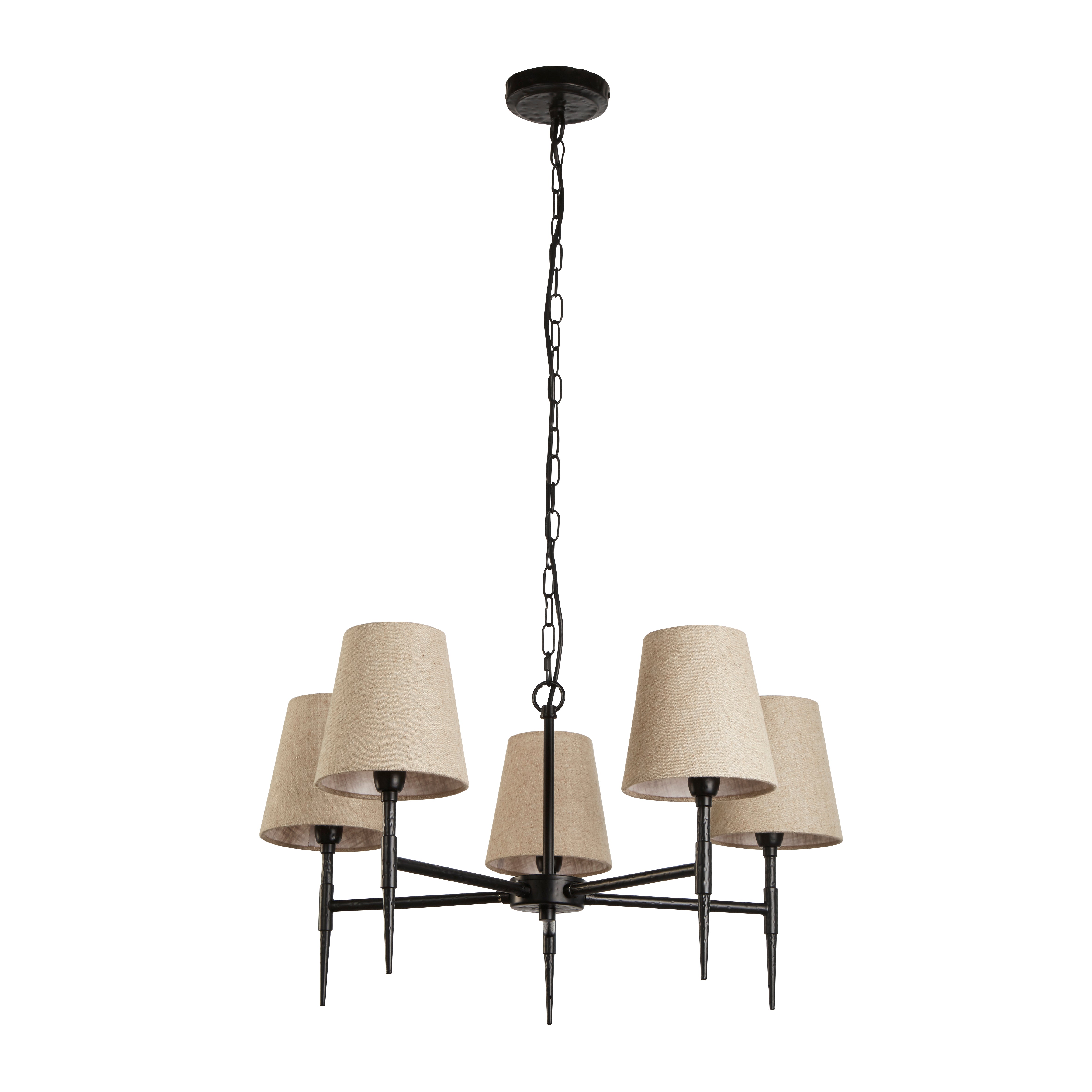 Searchlight Gibson 5 Light Pendant - Hammered Black Metal & Natural Linen