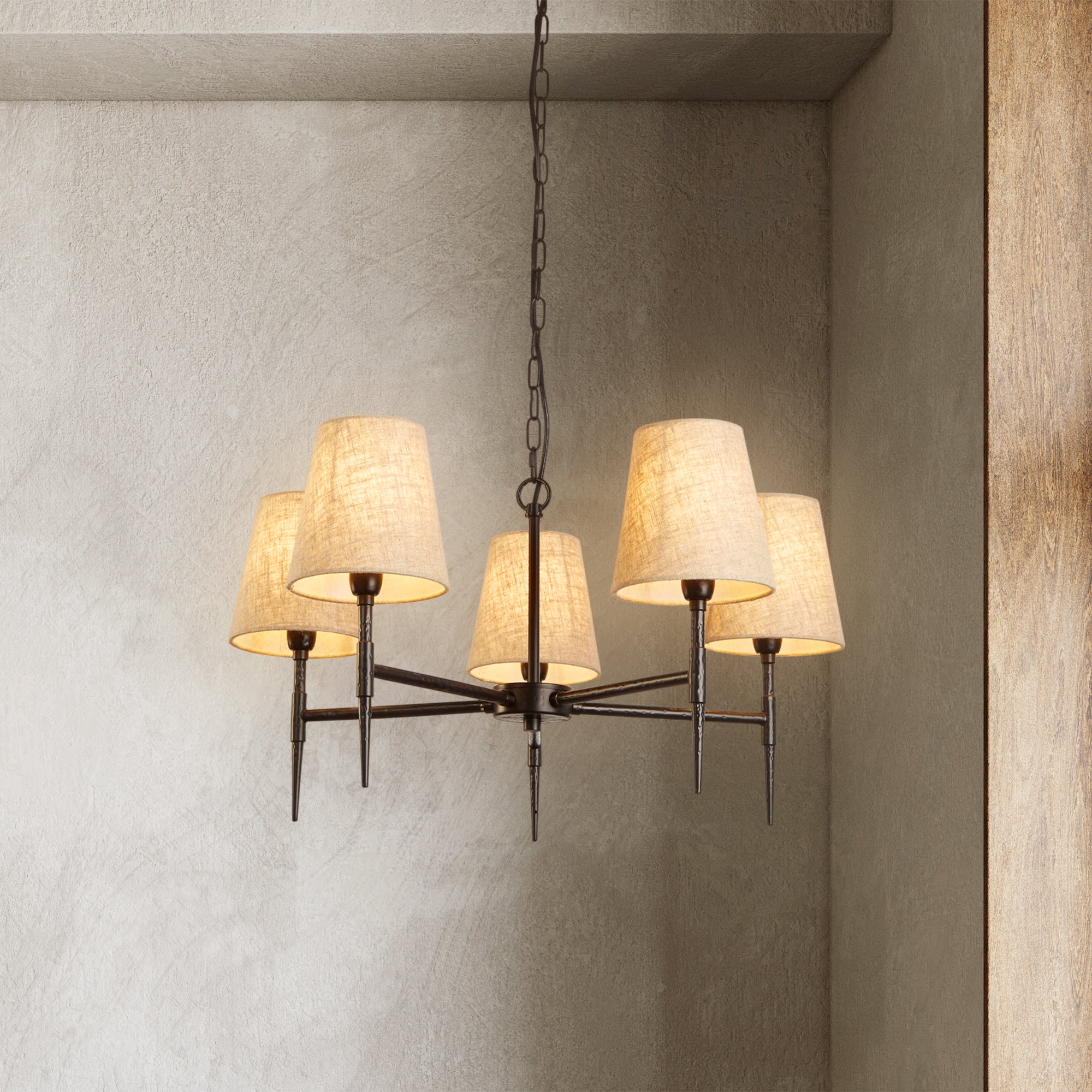 Searchlight Gibson 5 Light Pendant - Hammered Black Metal & Natural Linen
