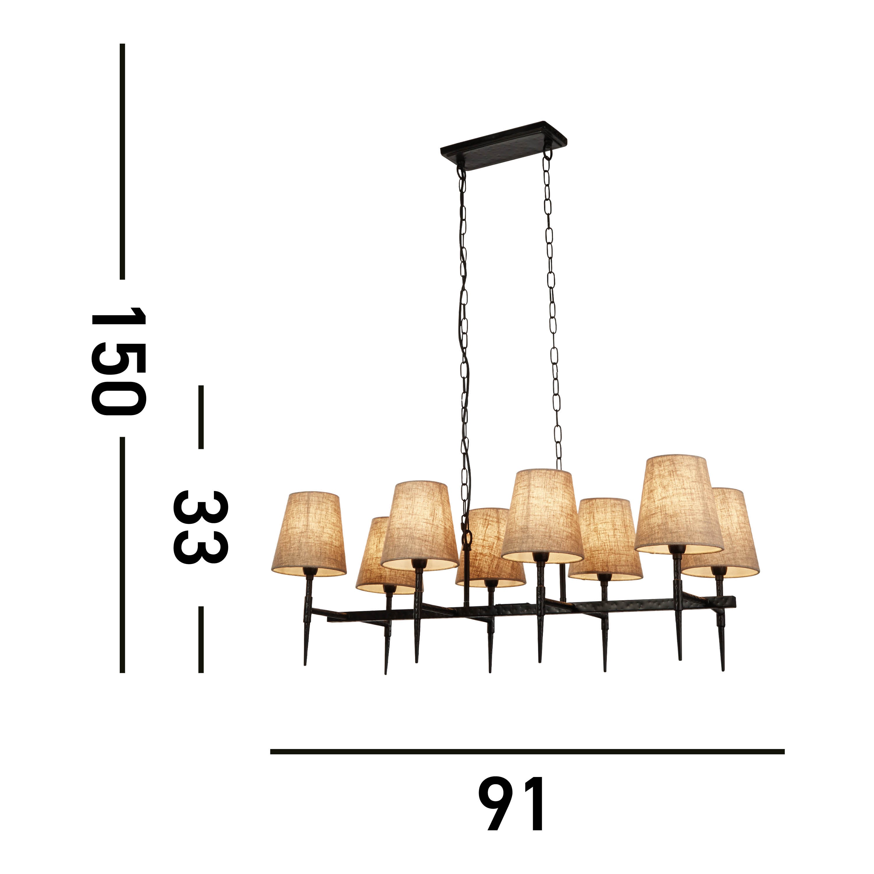 Searchlight Gibson 8 Light Bar Pendant - Hammered Black Metal & Natural Linen