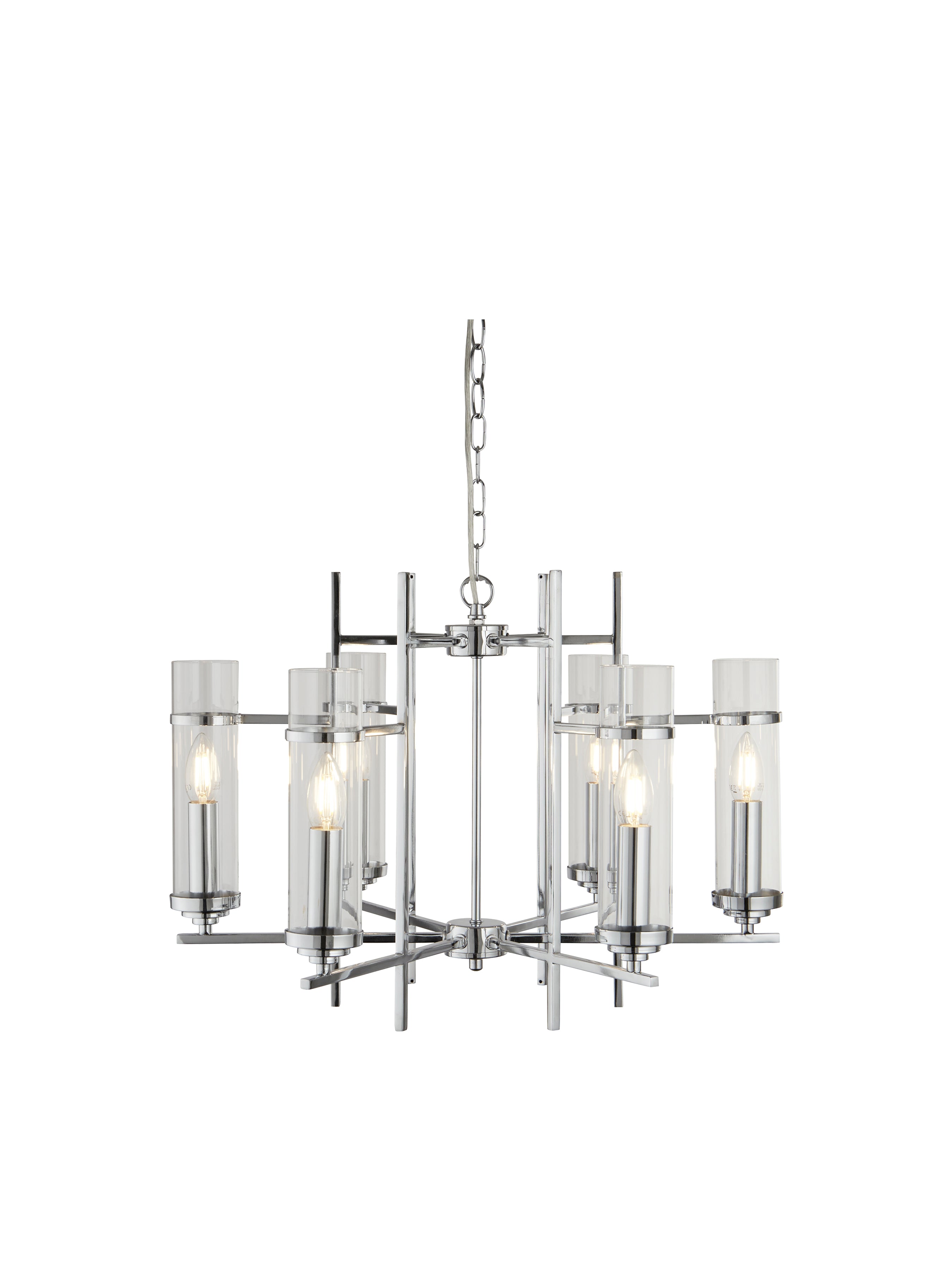 Searchlight Mere Chrome 6 Light Fitting With Clear Glass Cylinder Shades