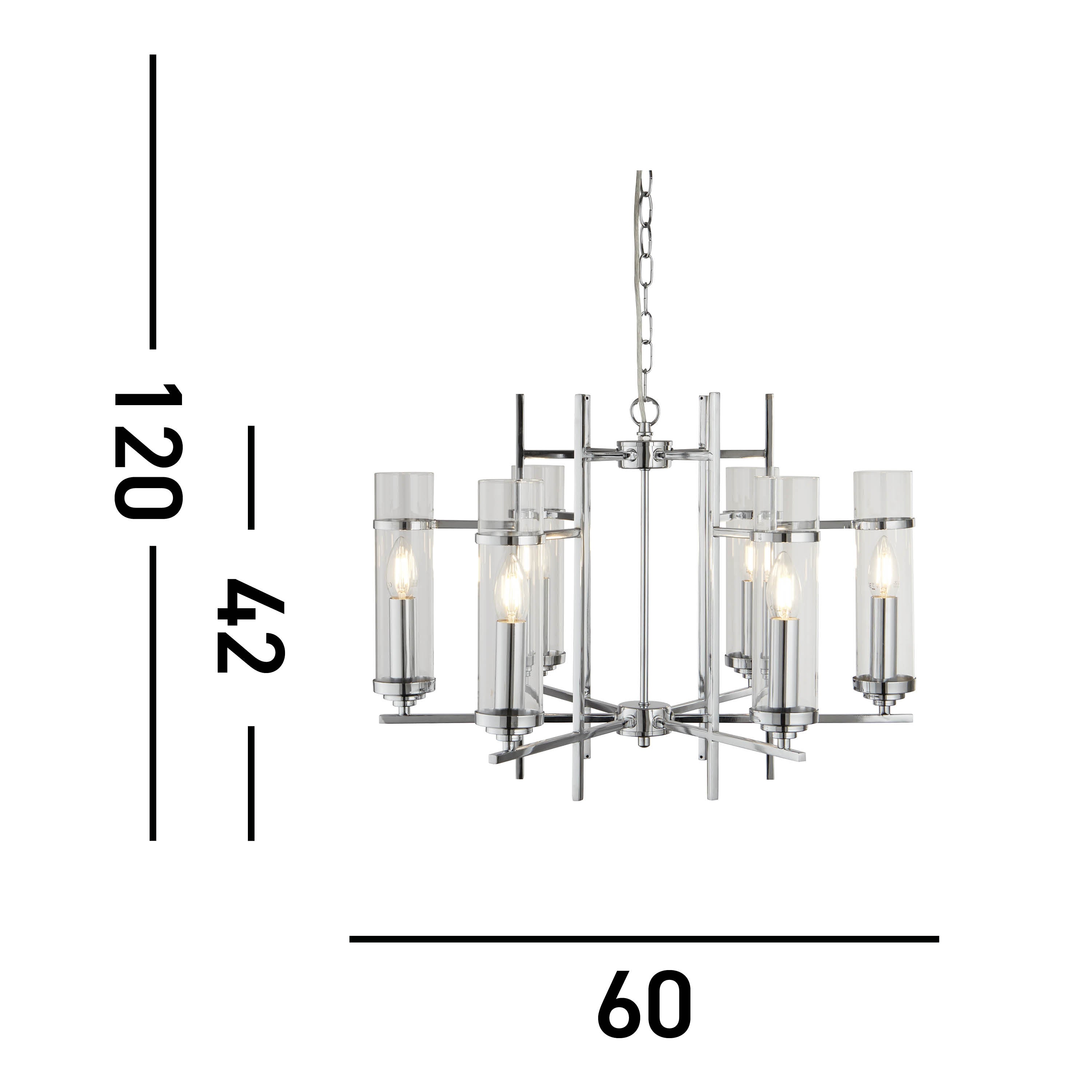 Searchlight Mere Chrome 6 Light Fitting With Clear Glass Cylinder Shades