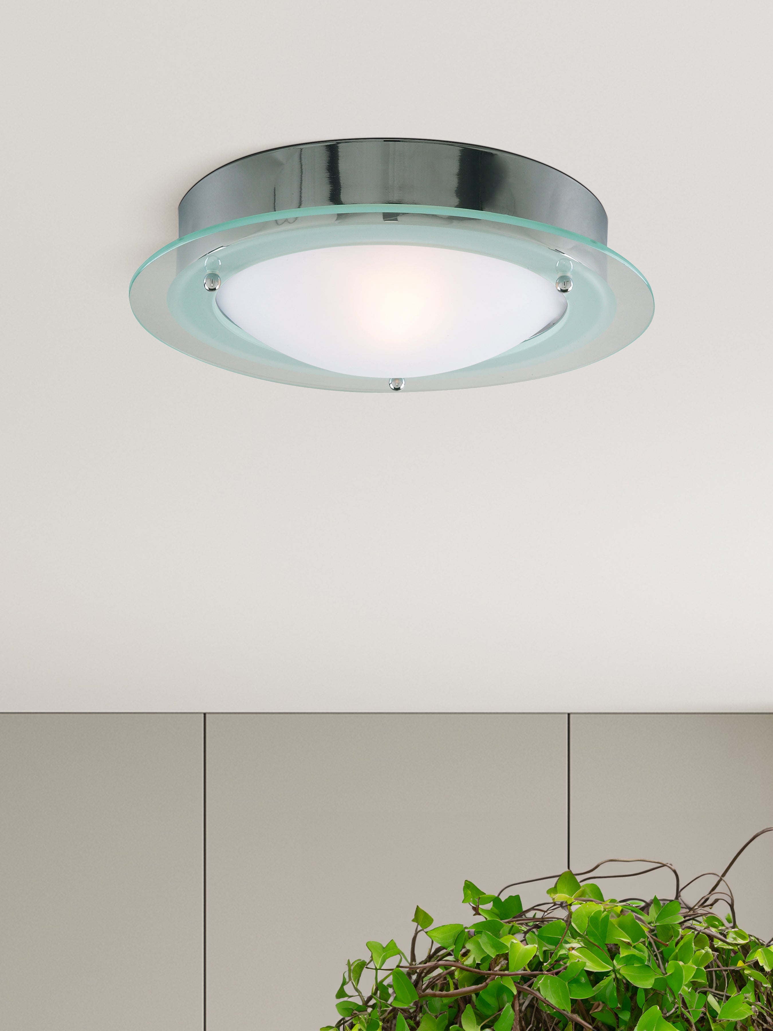 Searchlight IP44 Chrome Flush Fitting With Opal Glass & Clear Halo