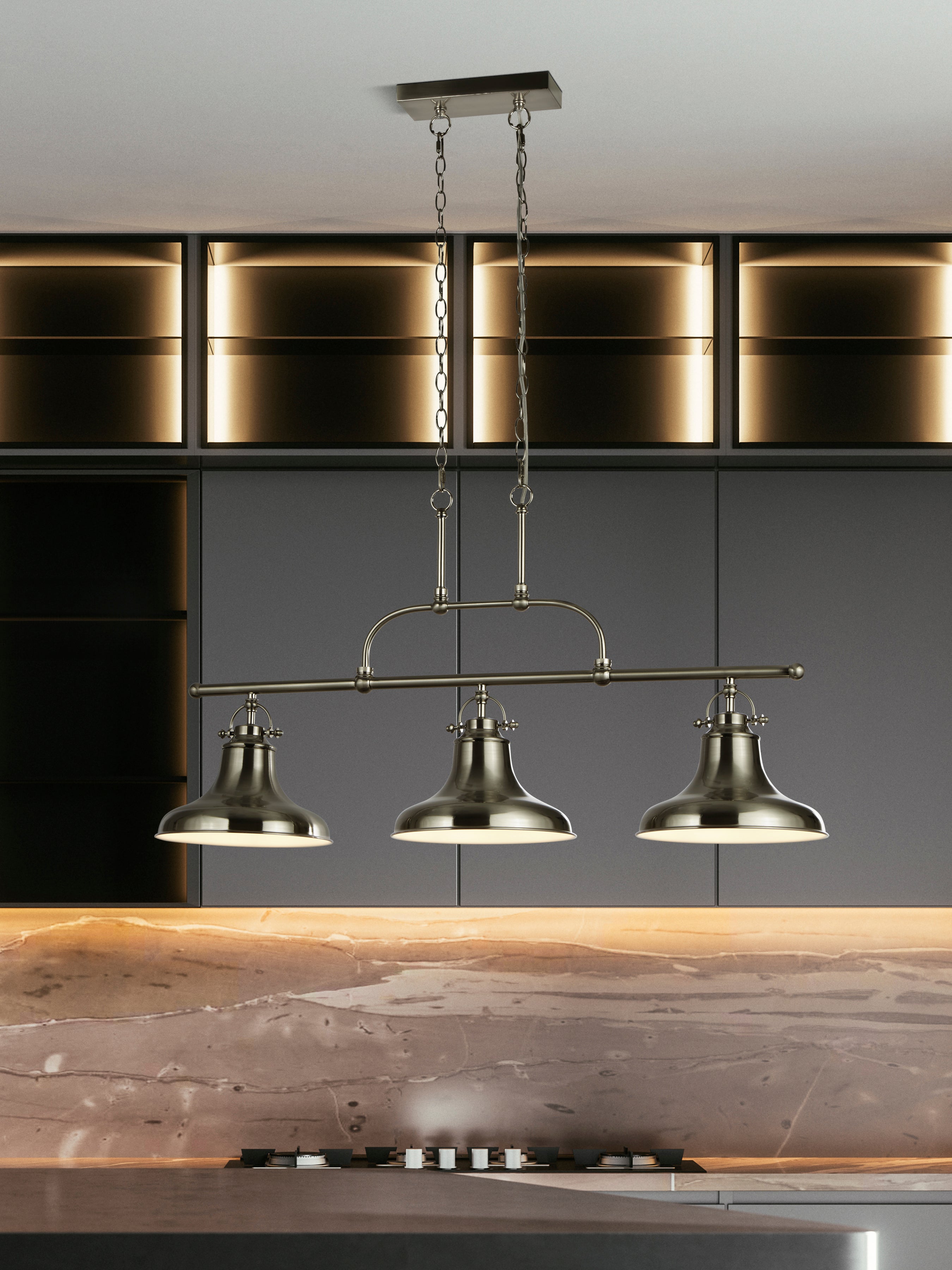 Searchlight Dale 3 Light Industrial Bar Pendant, Satin Silver