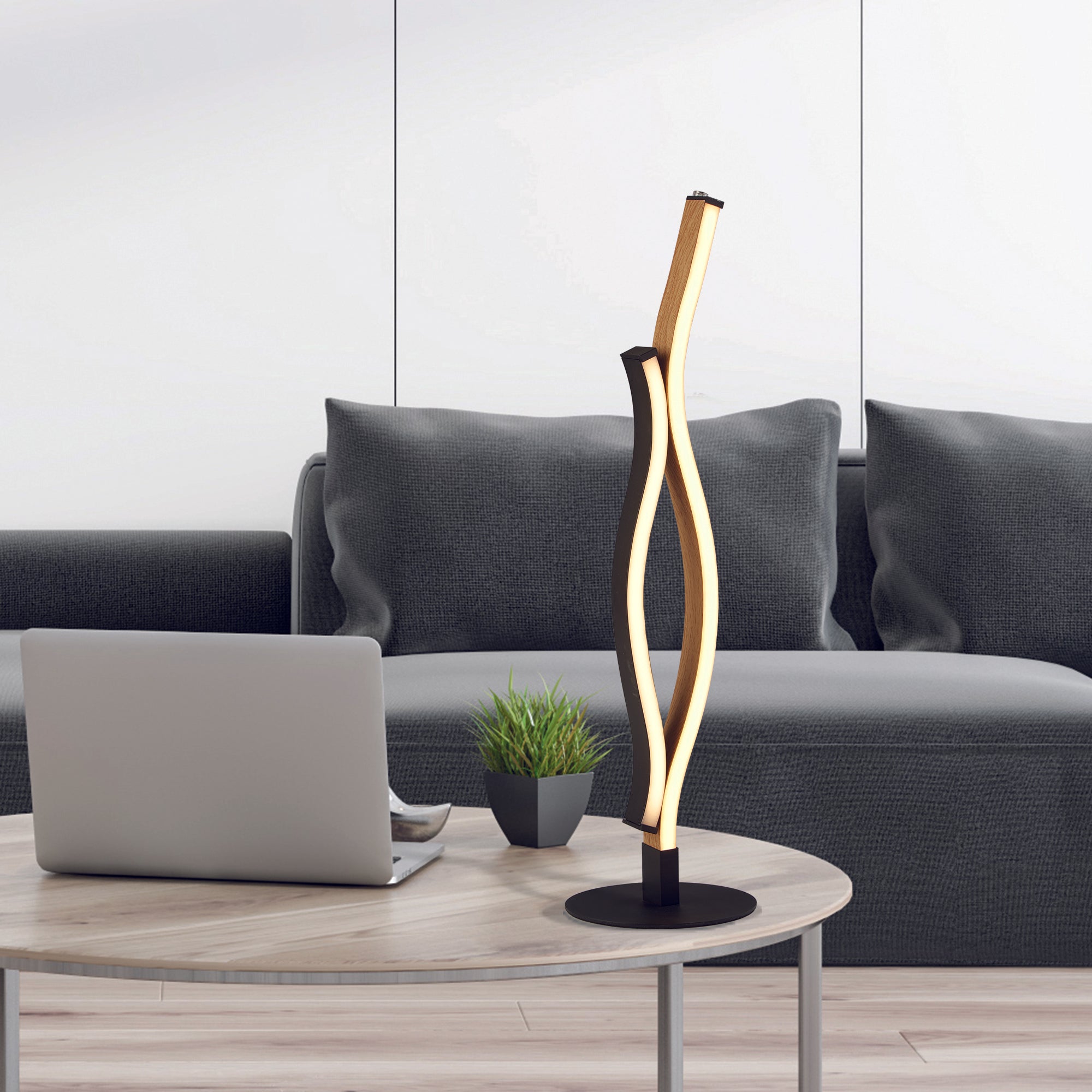 Searchlight Belmont Swirl LED Table Lamp - Black With Wood Effect
