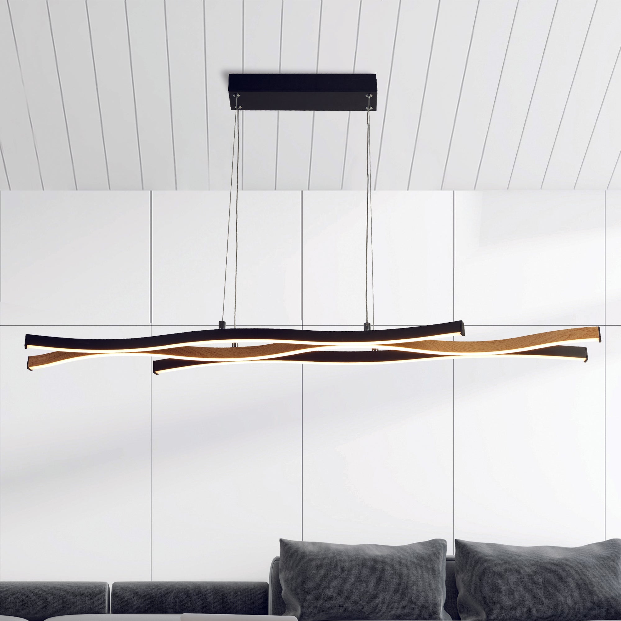 Searchlight Belmont Swirl LED Ceiling Pendant - Black With Wood Effect