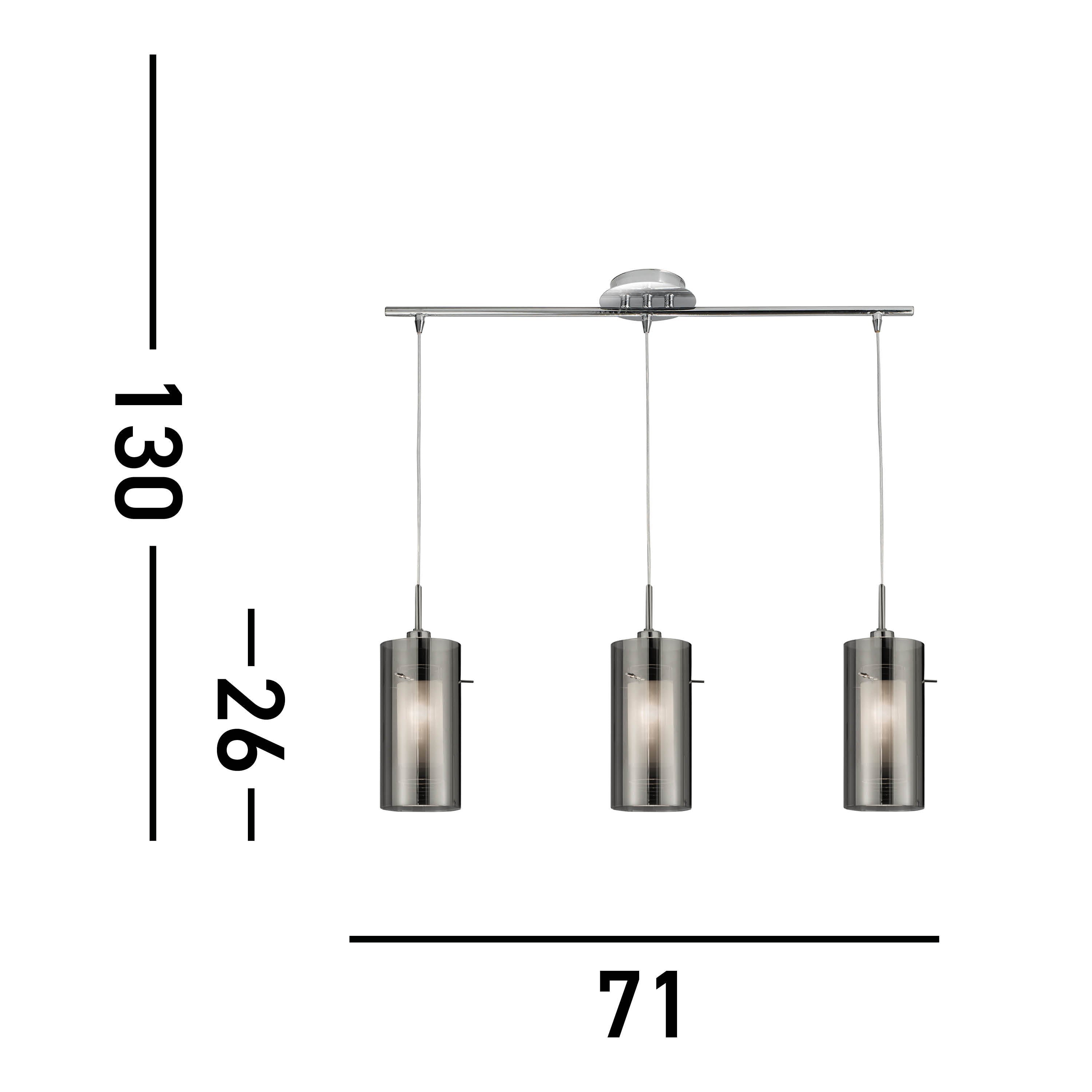 Searchlight Dawson 2 Chrome 3 Light Bar Pendant With Double Glass Cylinder Shades