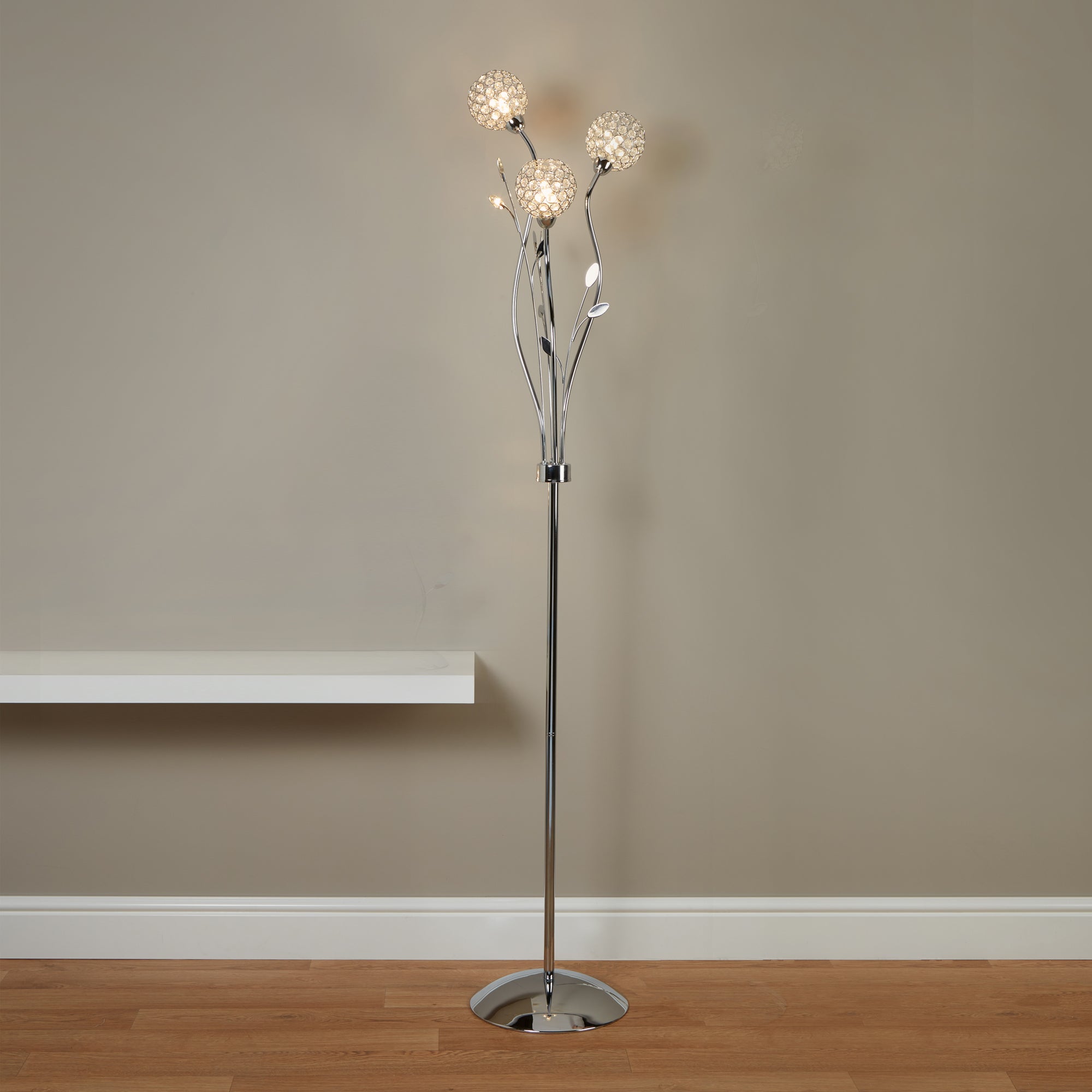 Searchlight Bay II 3 Light Floor Lamp - Chrome & Clear Glass Deco Shades