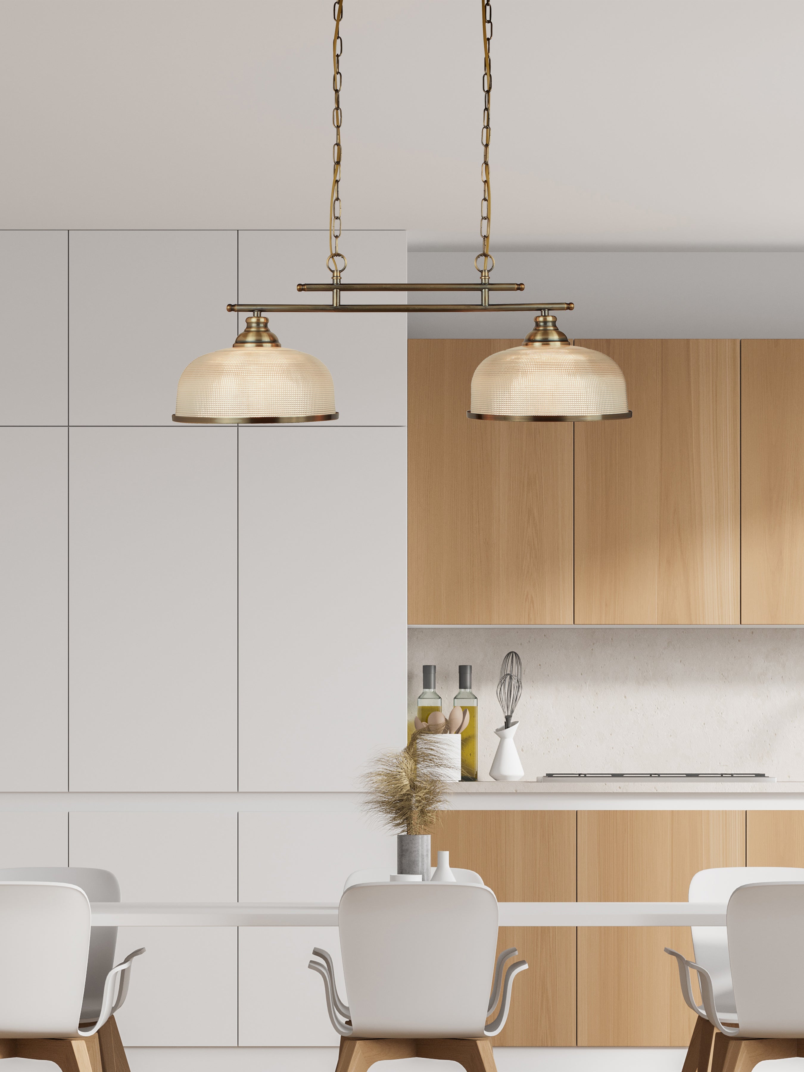 Searchlight Beech II 2 Light Ceiling Bar - Antique Brass & Holophane Glass