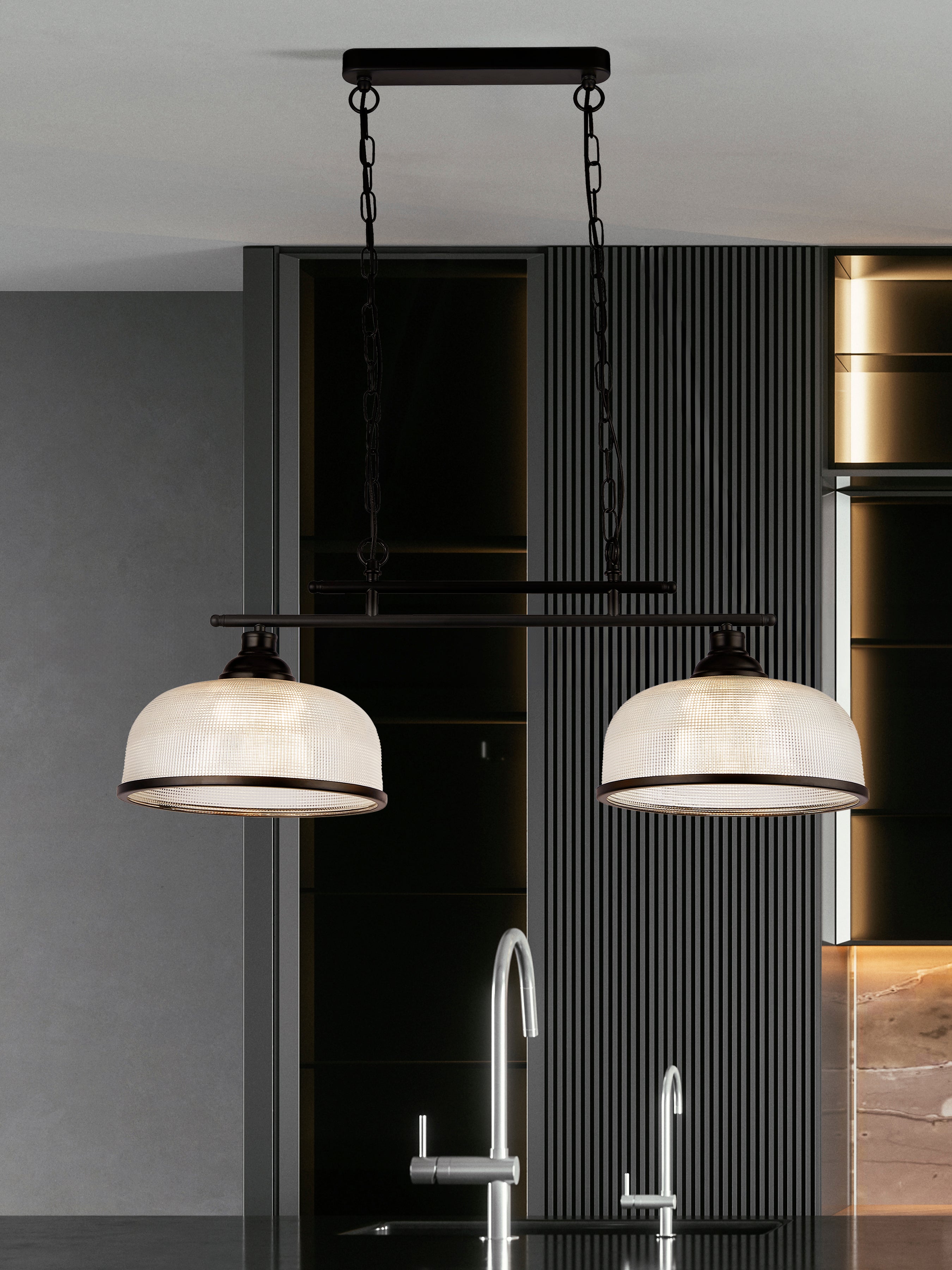 Searchlight Handel 2 Light Pendant - Black Metal & Holophane Style Glass