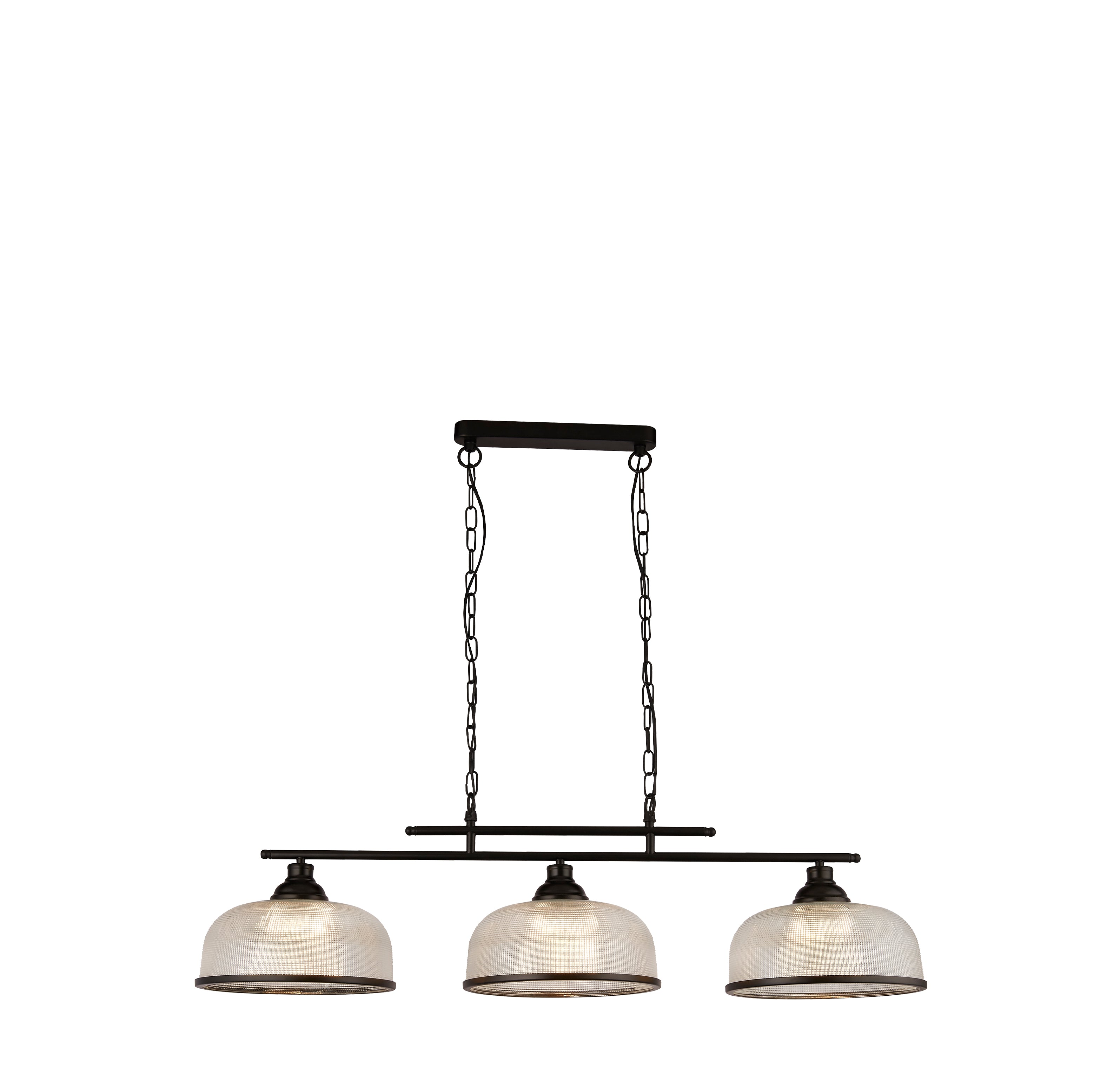 Searchlight Handel Linear 3 Light Pendant - Black Metal & Holophane Style Glass