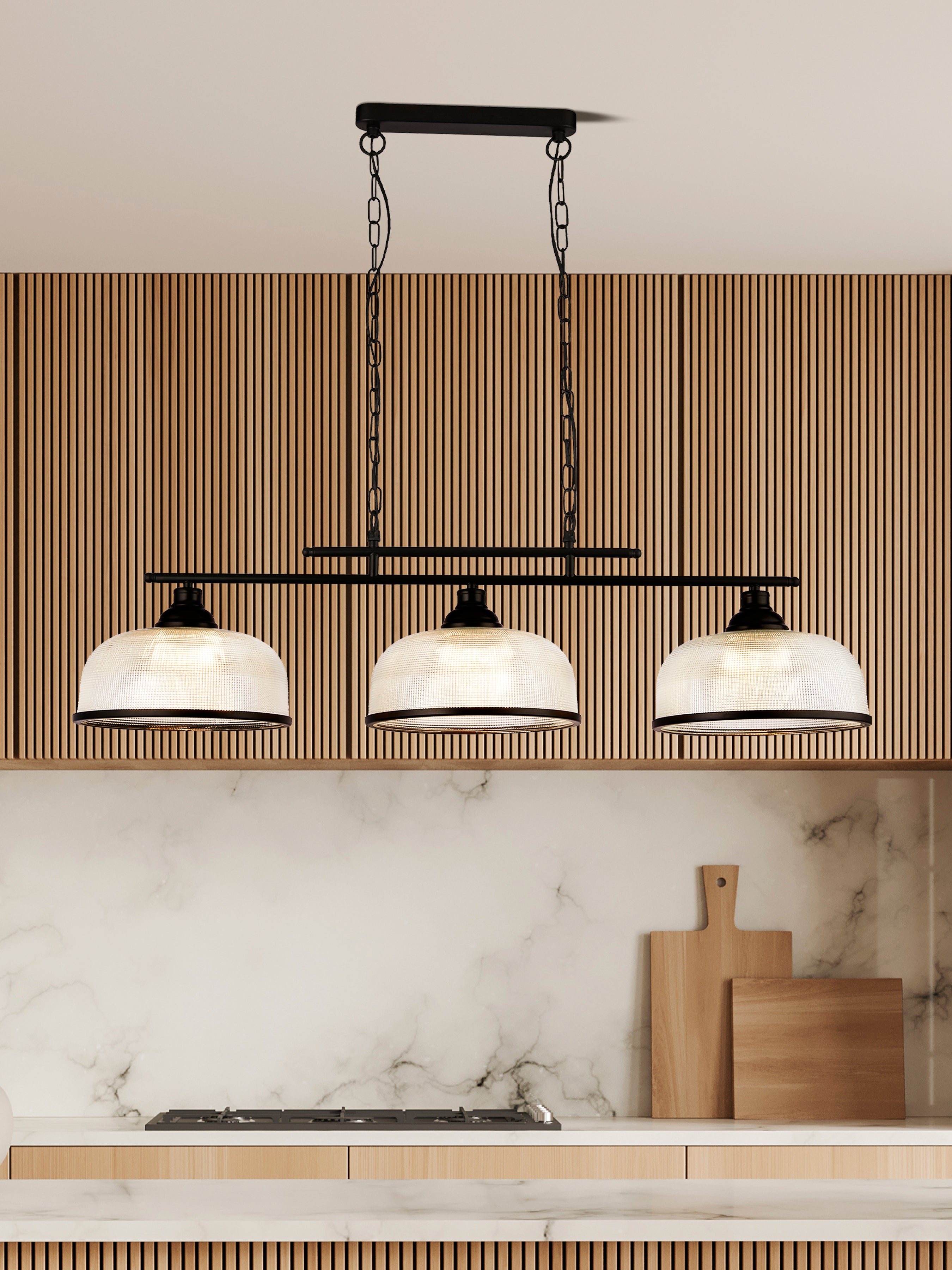 Searchlight Handel Linear 3 Light Pendant - Black Metal & Holophane Style Glass