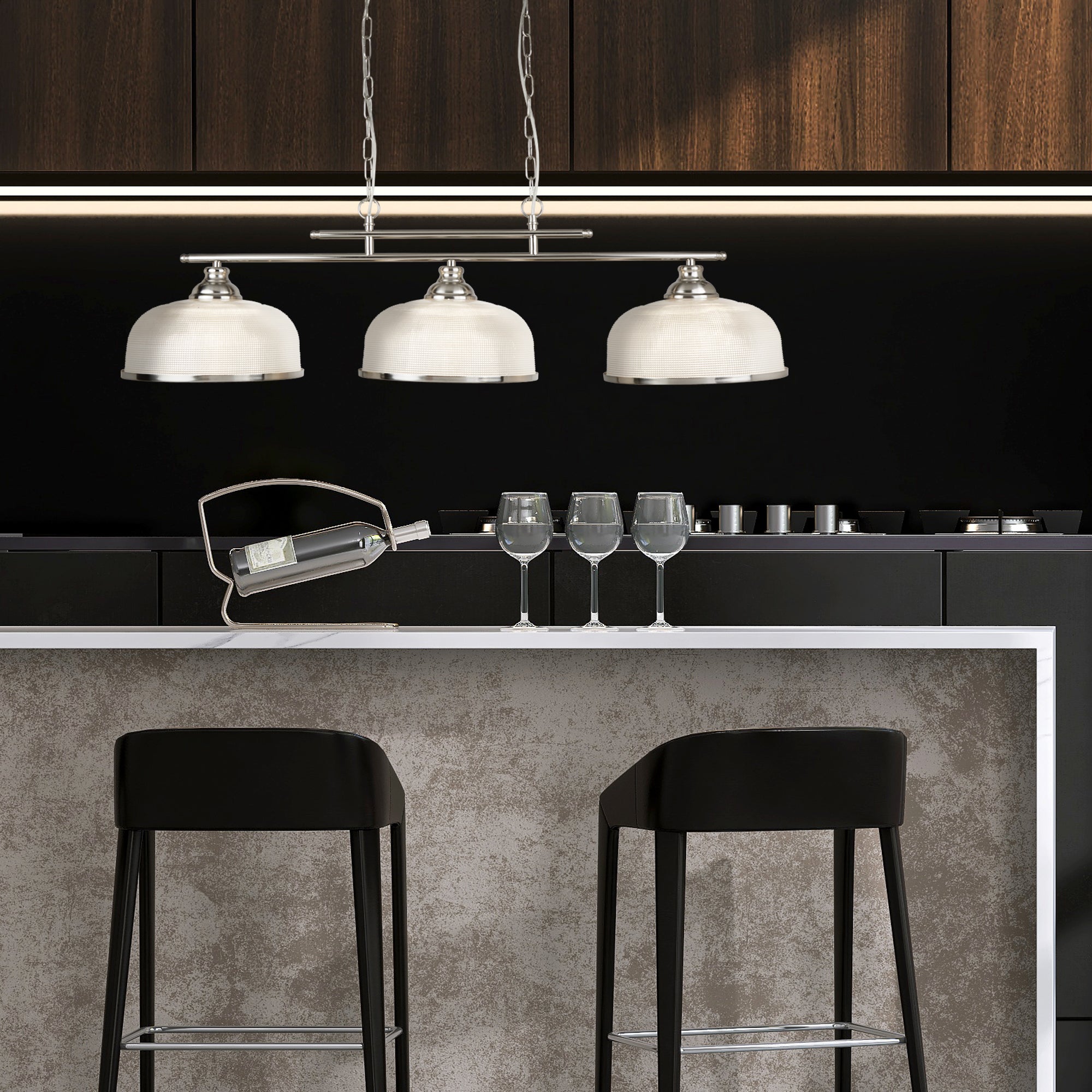 Searchlight Beech II 3 Light Ceiling Bar - Satin Silver & Holophane Glass