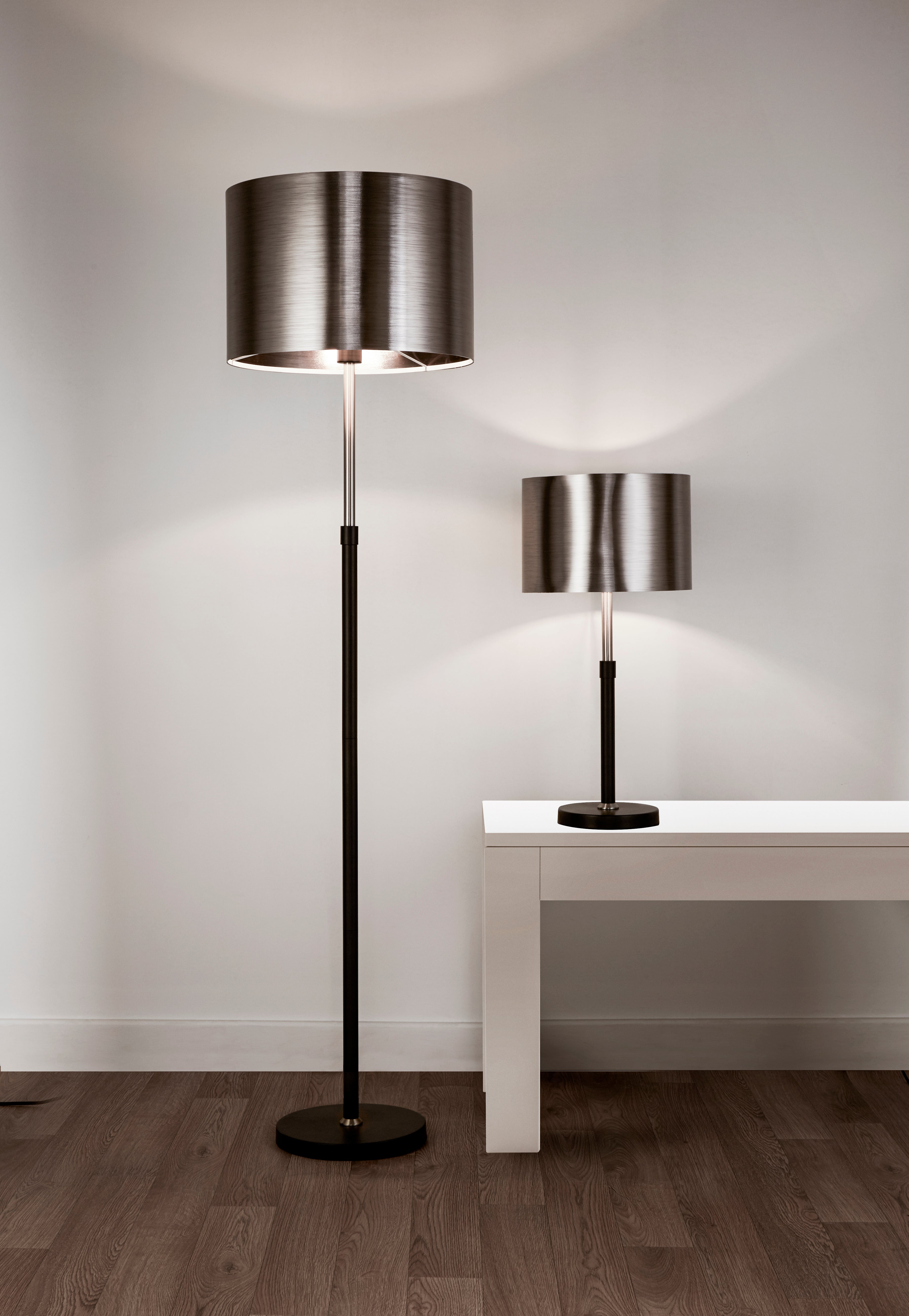 Searchlight Radcliffe Single Floor Lamp - Black, Satin Silver & Chrome Shade