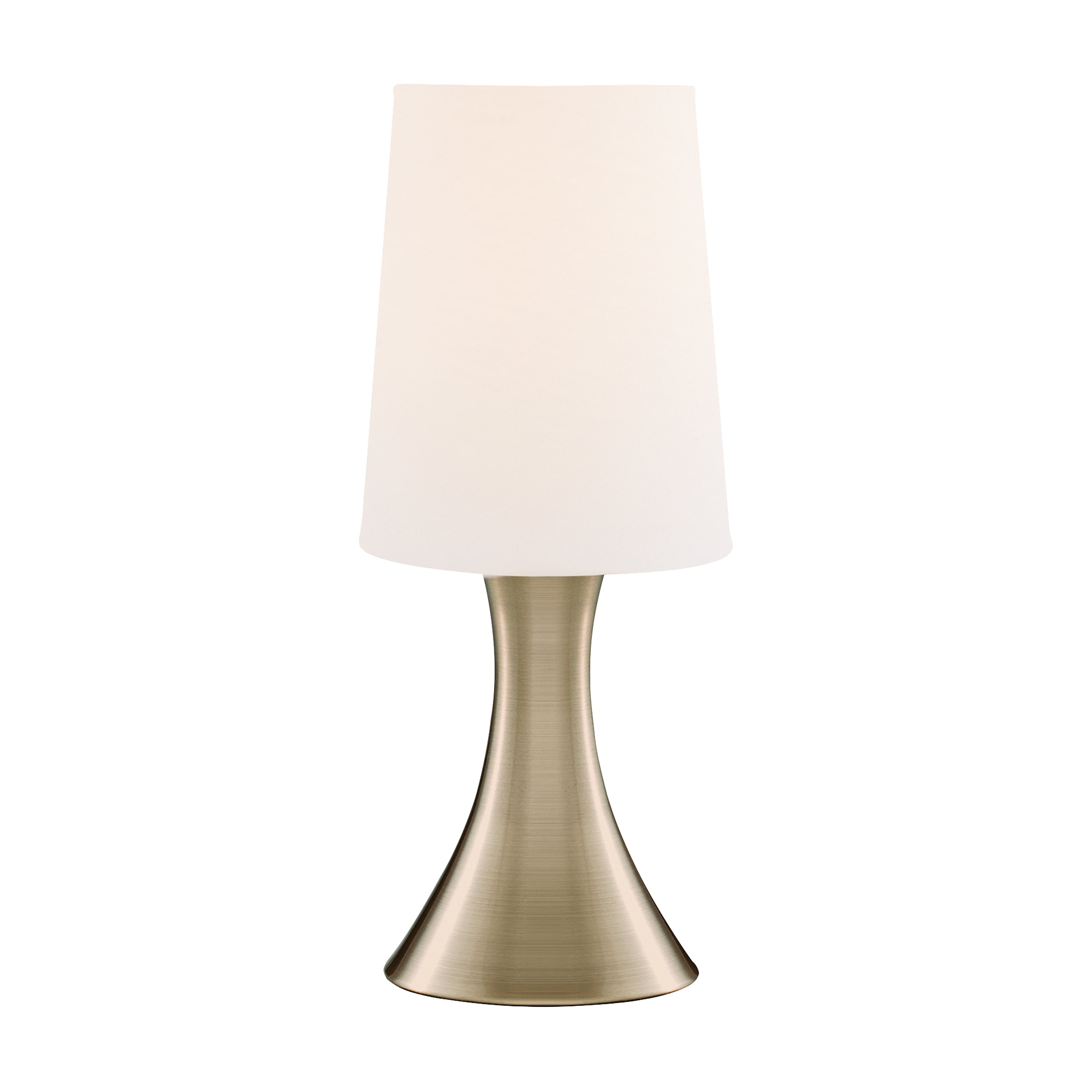 Searchlight Touch Table Lamp, Antique Brass Base, White Tapered Shade