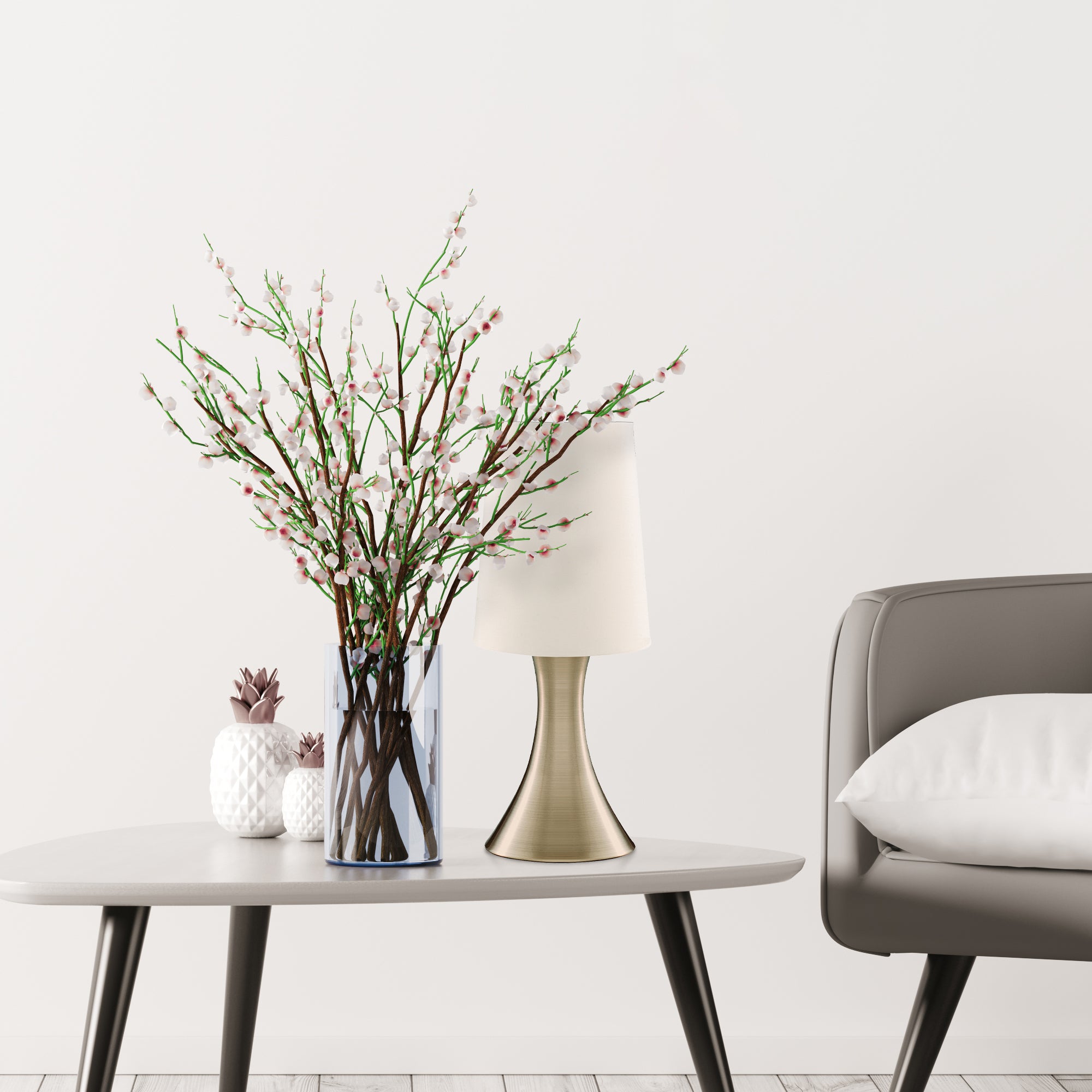 Searchlight Touch Table Lamp, Antique Brass Base, White Tapered Shade