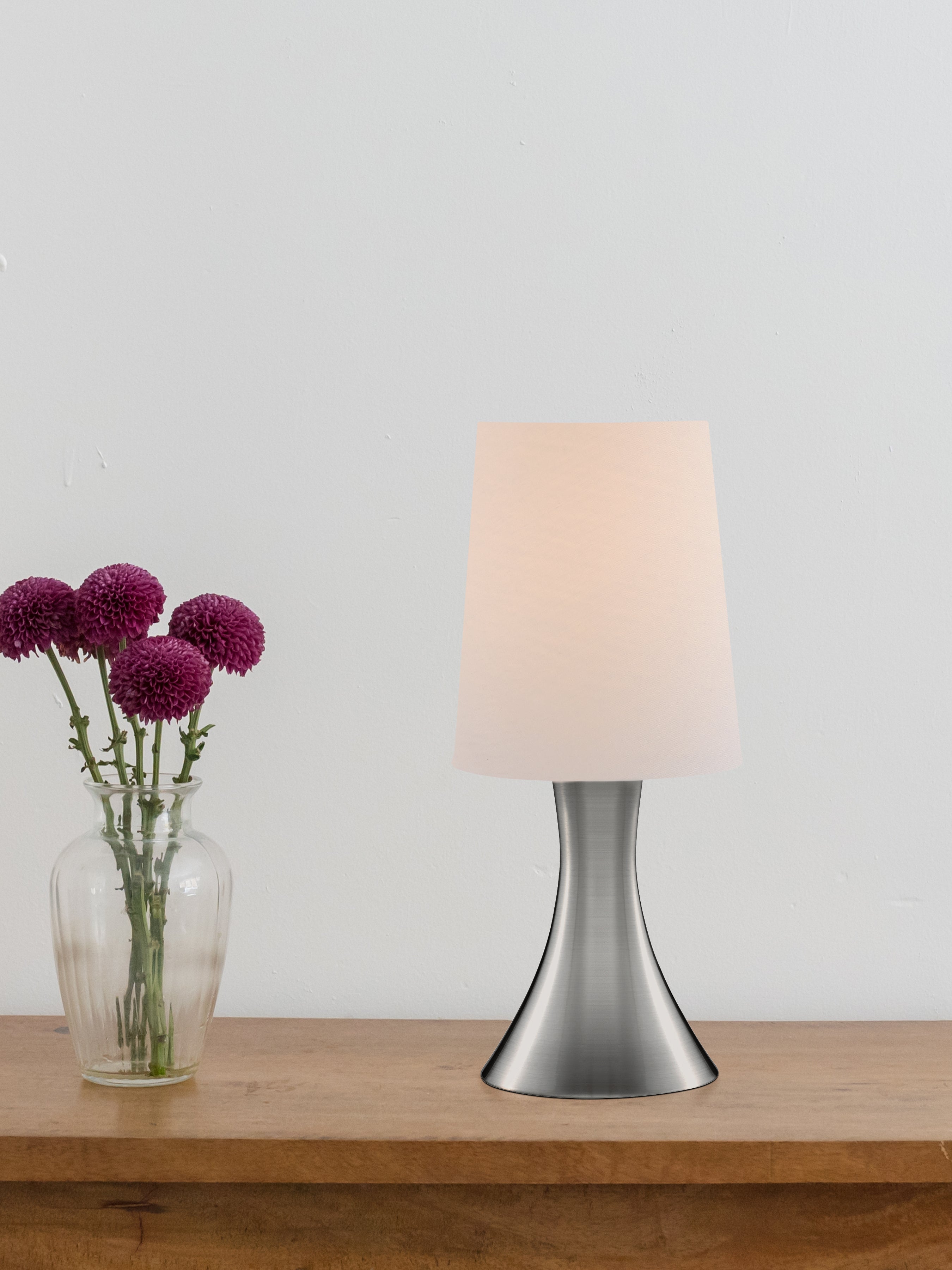 Searchlight Touch Table Lamp, Satin Silver Base, White Tapered Shade